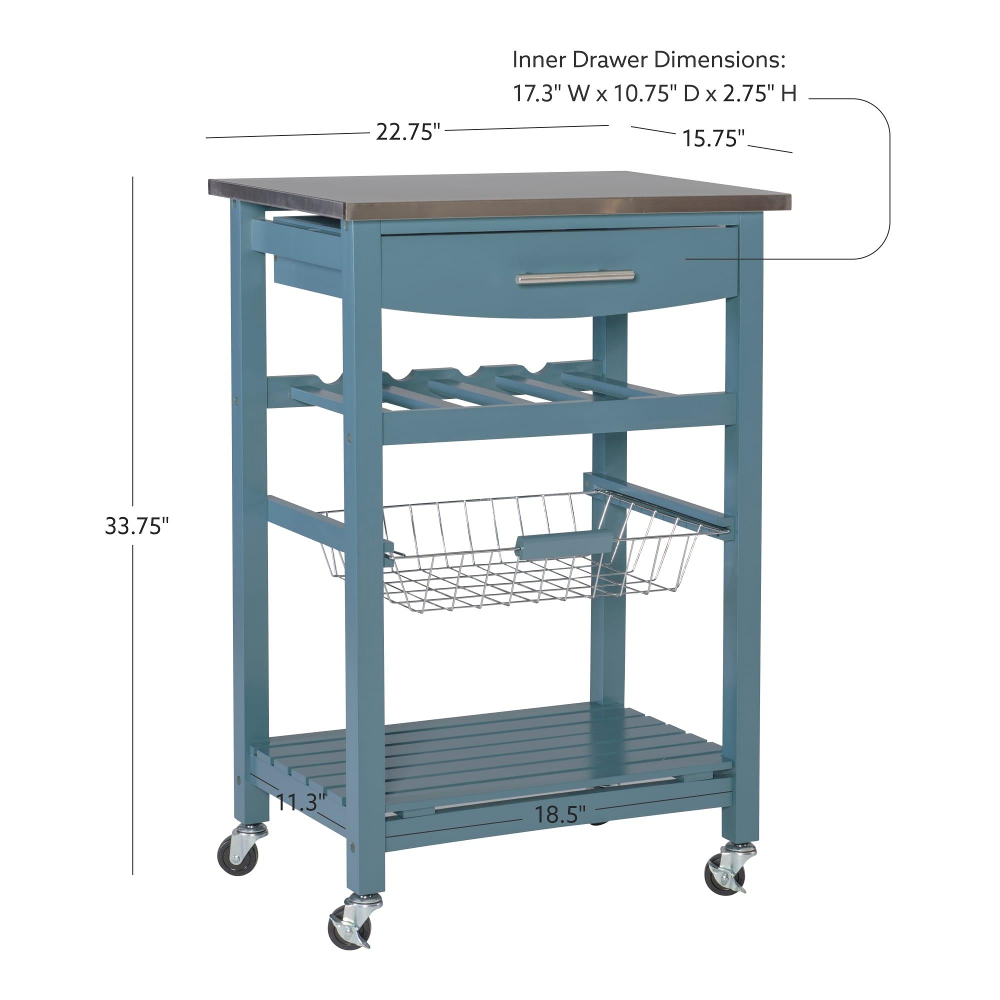 Clarke Blue Wood Kitchen Cart Stainless Steel Top Basket & Drawer Wine Storage Rack - Linon