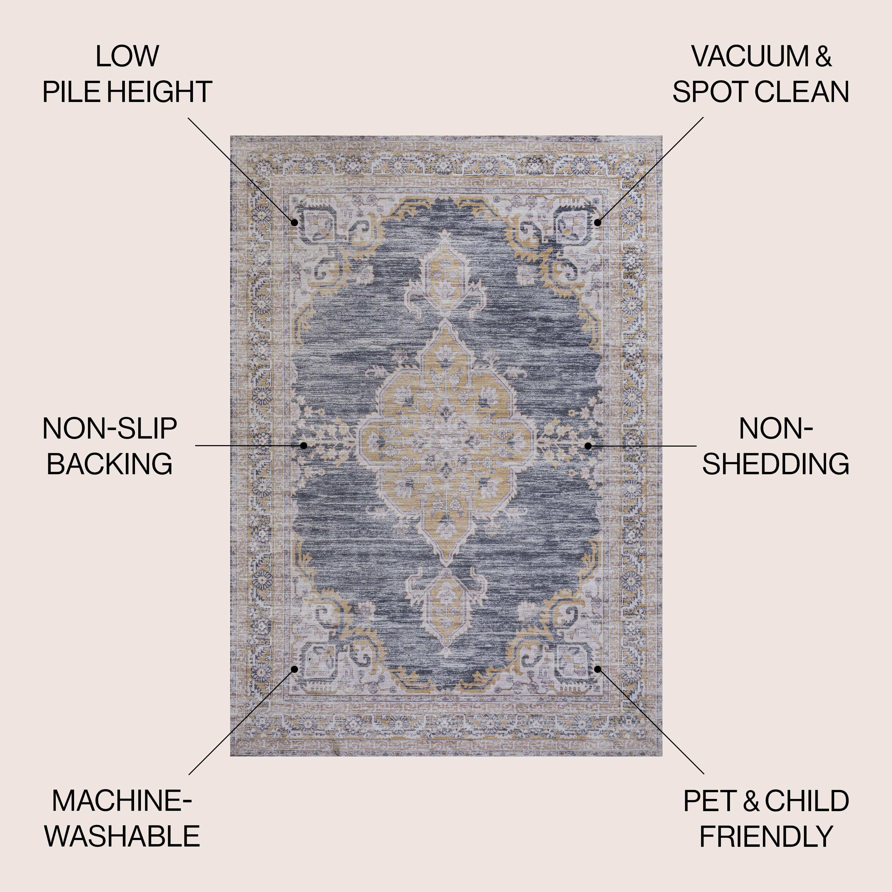 Wincer Chenille Cottage Medallion Machine-Washable Dark Gray/Yellow 3 ft. x 5 ft. Area Rug - JONATHAN Y