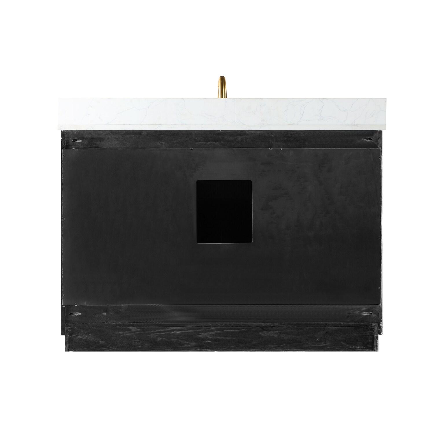 Gazsi 48" Single Bathroom Vanity Set in Black Oak with Grain White Composite Stone Countertop without Mirror