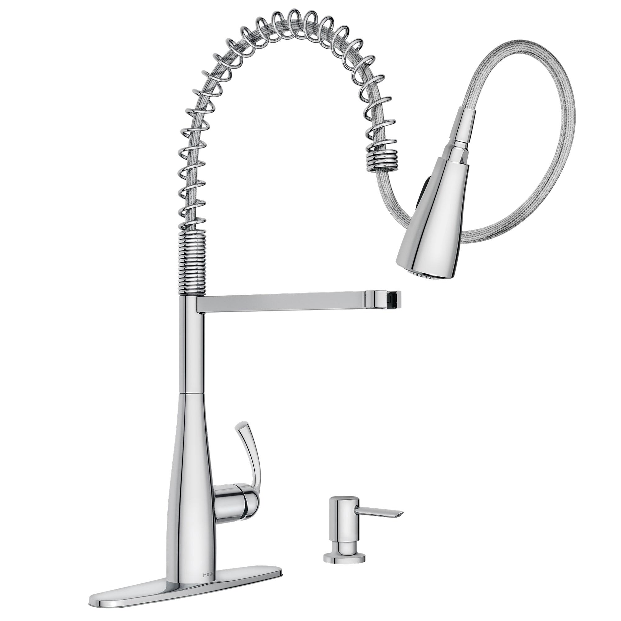 Moen Essie Pre-Rinse Spring Pull Down Single Handle Kitchen Faucet with Power Clean Technology and Soap Dispenser