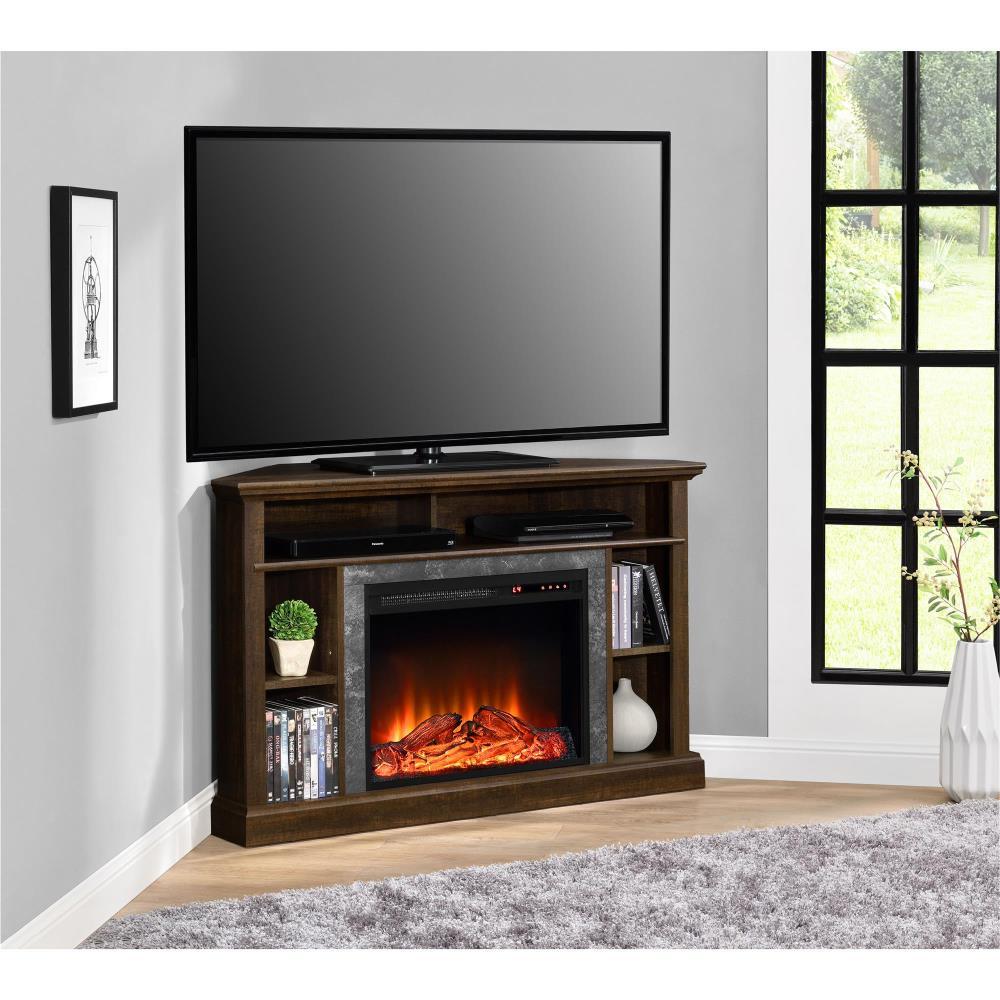 Espresso Corner Fireplace TV Stand with Faux Stone