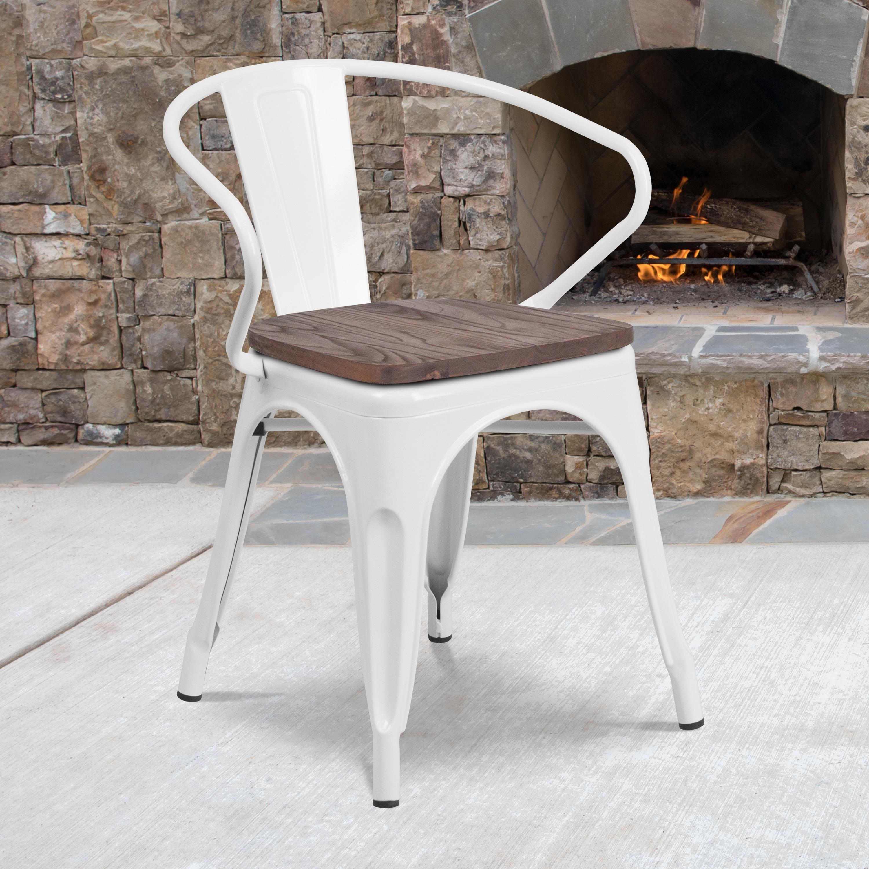 Flash Furniture White Metal Chair with Wood Seat and Arms
