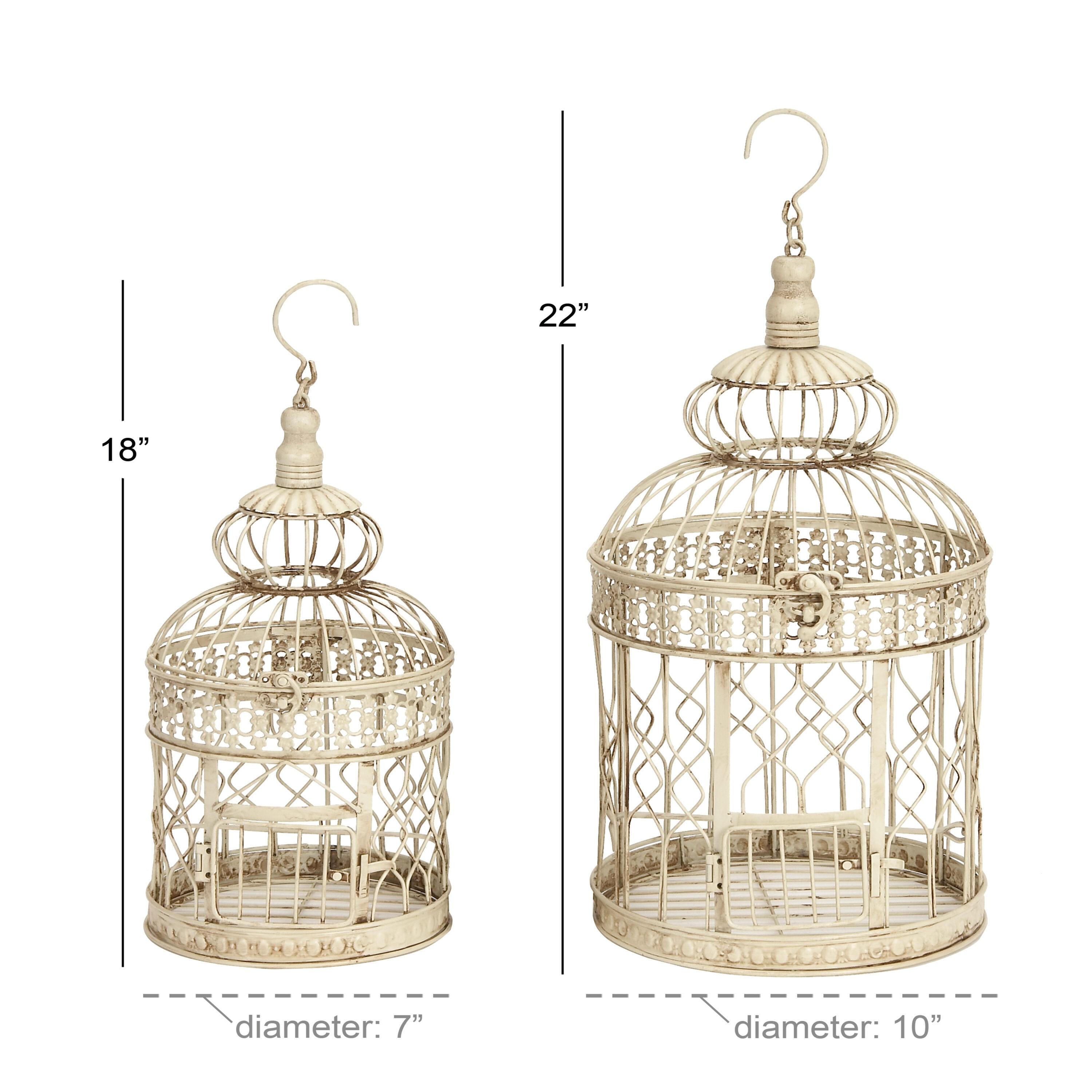 DecMode Hinged Top Cream Metal Birdcage with Latch Lock Closure and Hanging Hook, Set of 2