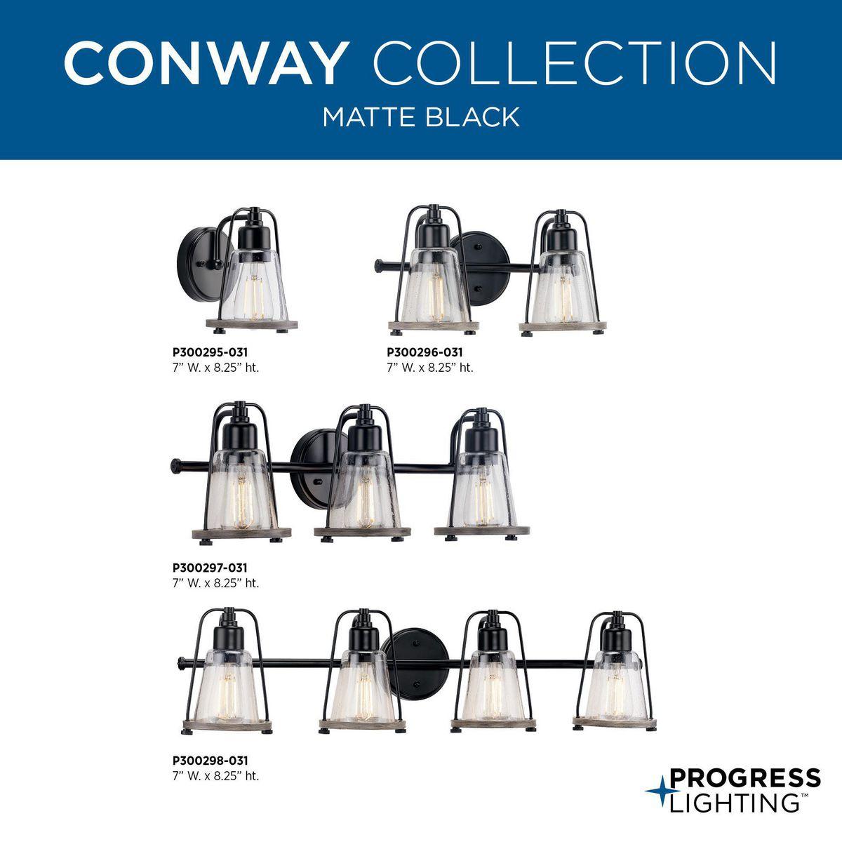 Progress Lighting Conway 3-Light Bath Vanity Light, Steel, Matte Black, Clear Seeded Glass Shade