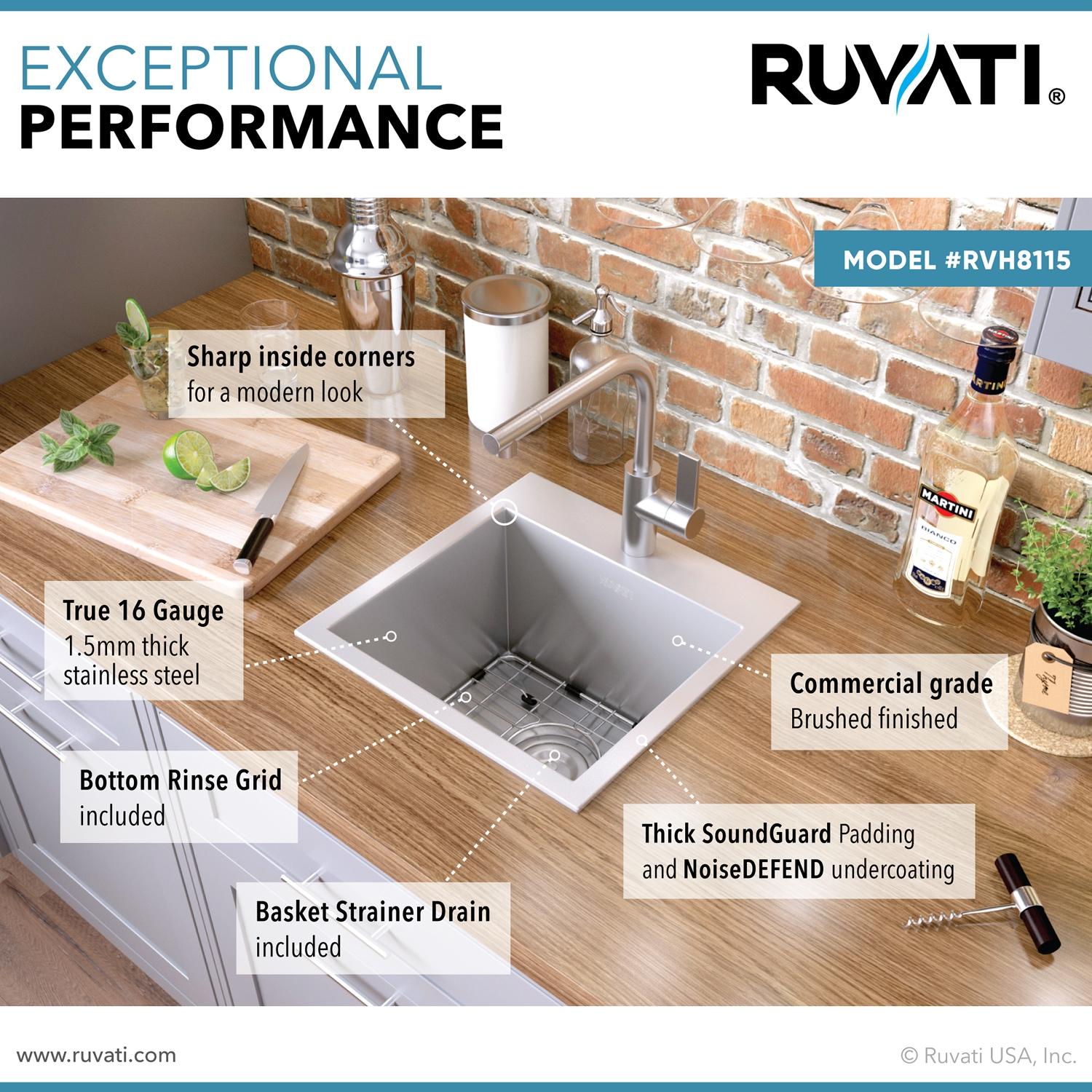 Ruvati Drop-in Topmount Bar Prep Sink 16 Gauge Stainless Steel Single Bowl