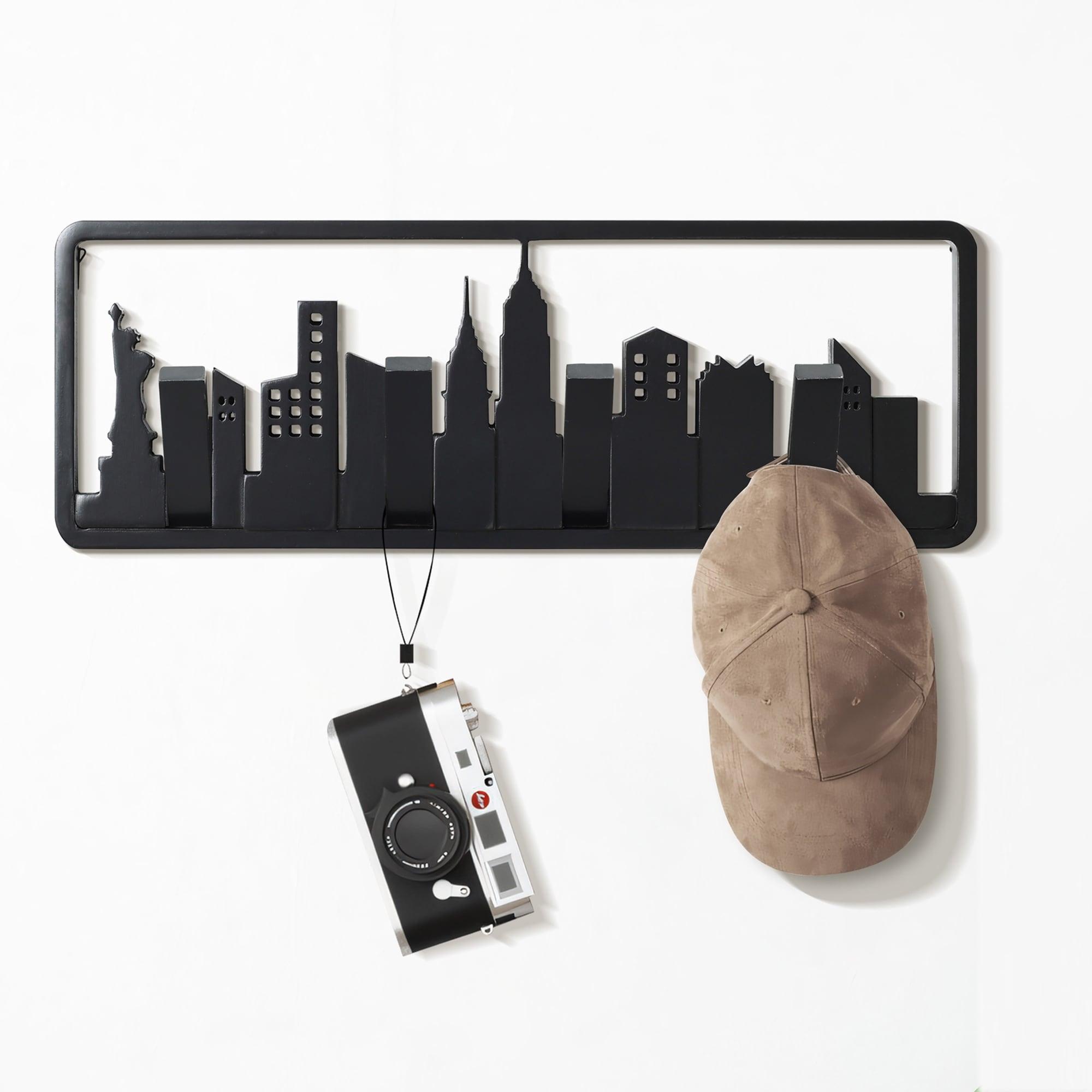 LuxenHome Black Wood 4-Hook Skyscraper Wall-Mounted Coat and Towel Rack