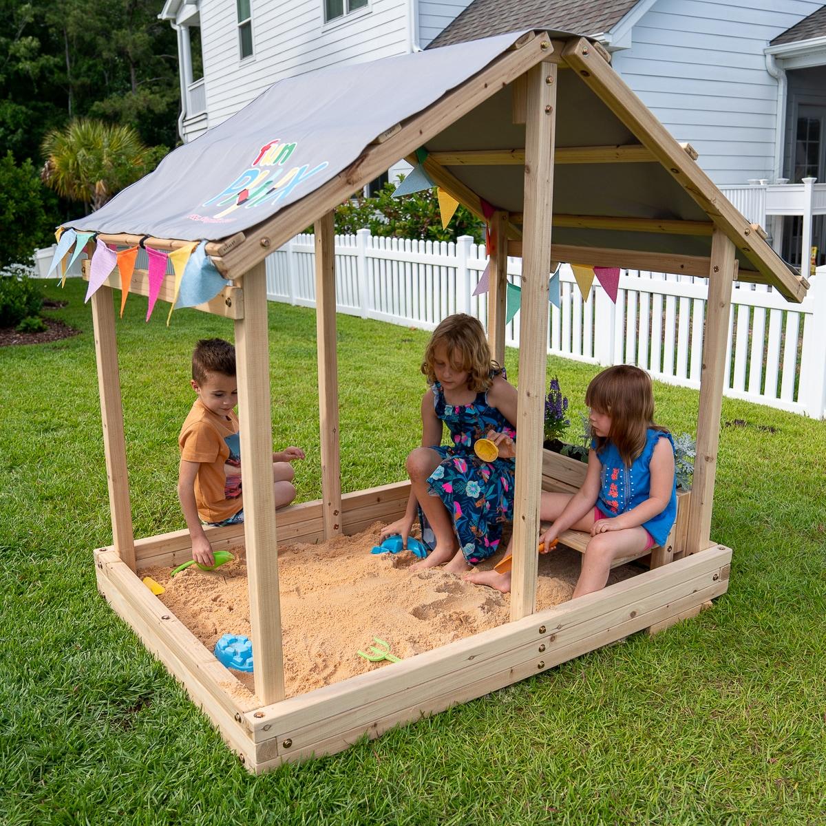 Dig n Play Wooden Sandbox Playhouse with Bench & Flower Planter, Outdoor Sand Pit for Kids