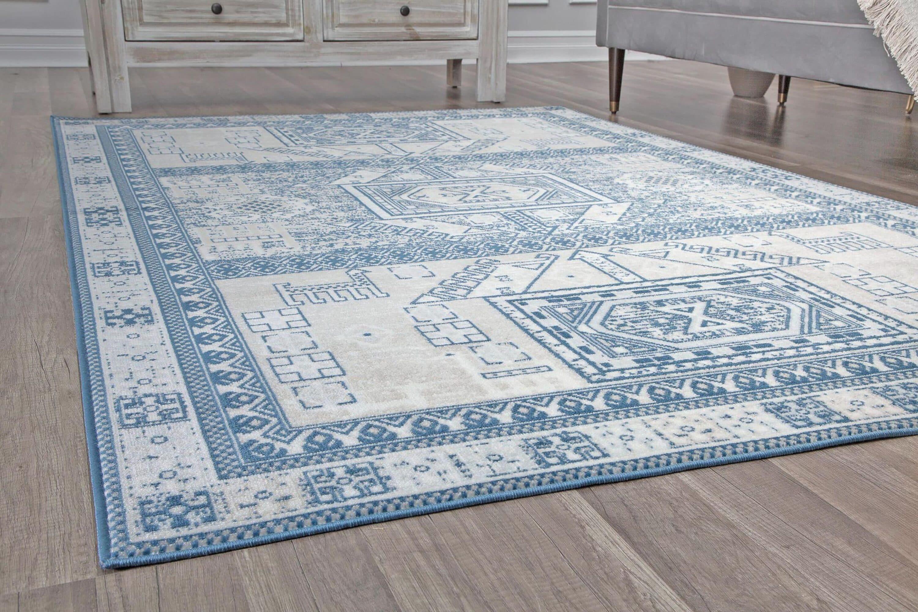 Rugs America Freida FY60A Azure Vintage Farmhouse Area Rug for Dining Room Rug Neutral Rug Living Room Rug Kitchen, 5'x7'