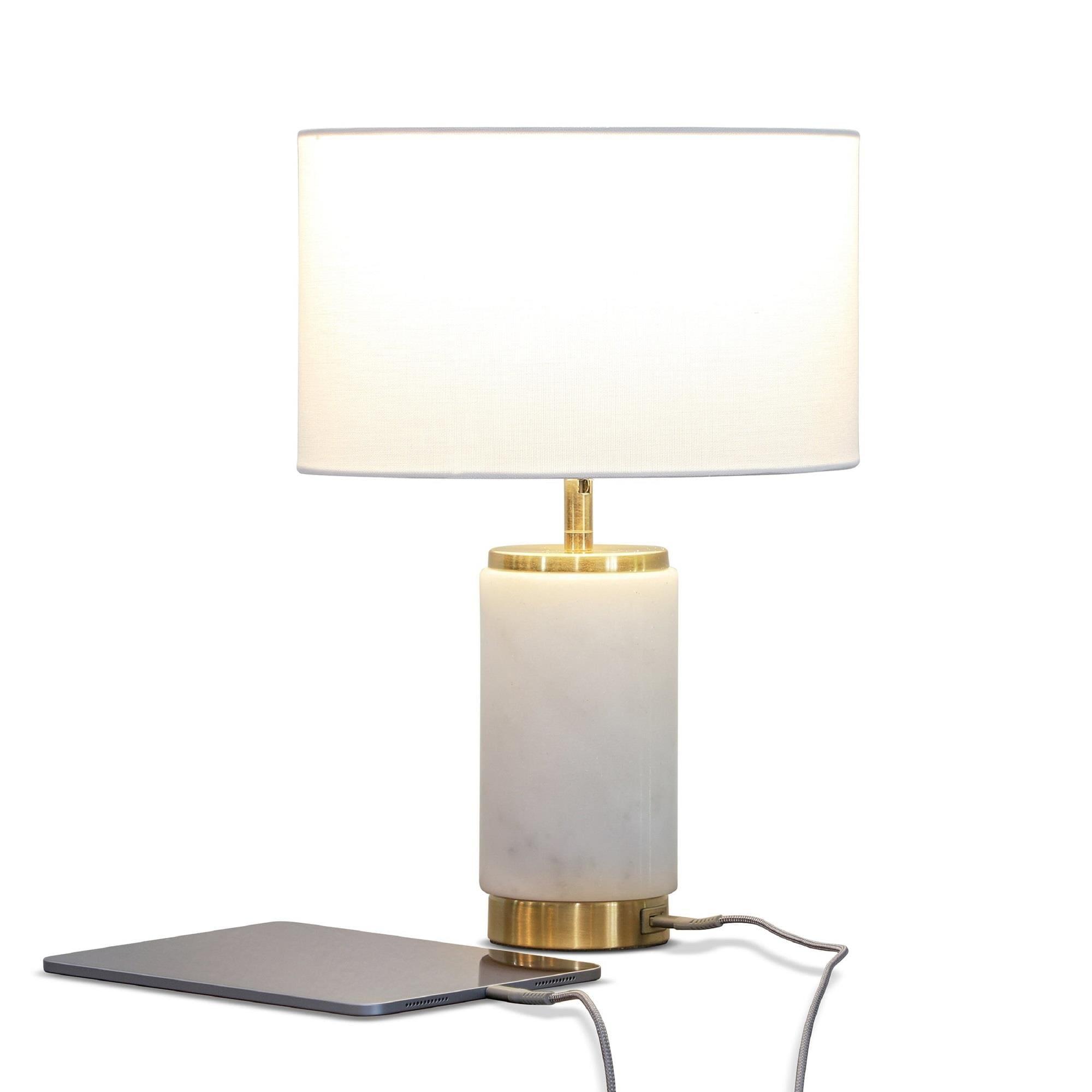 Brightech Arden 17 in. Mid-Century Modern LED Table Lamp with Fabric Drum Shade and USB Port