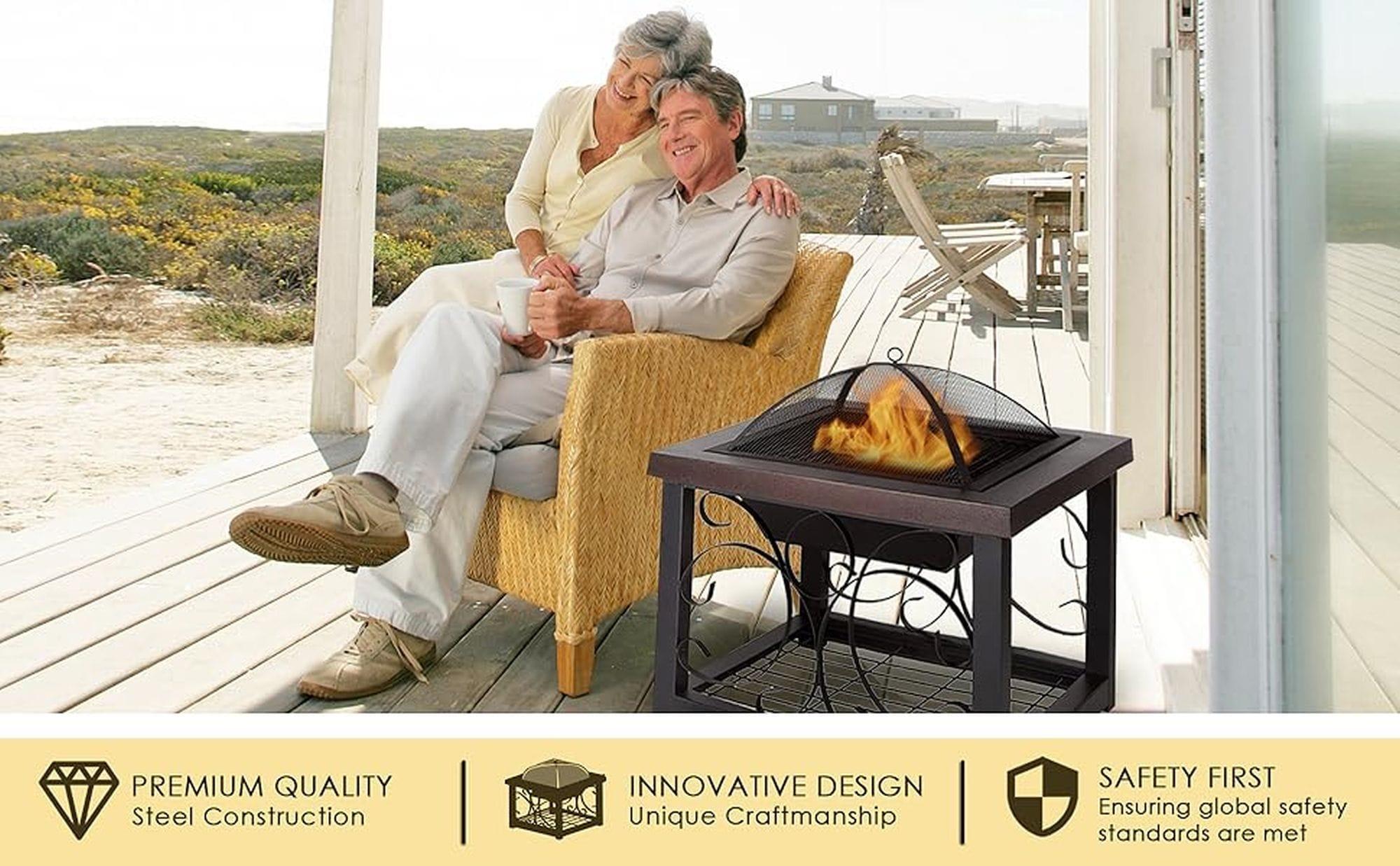 Fire Sense Fire Pit Cocktail Square Table Wood Burning Mesh Spark Screen Wood Grate with Storage Rack – Hammered Bronze Finish