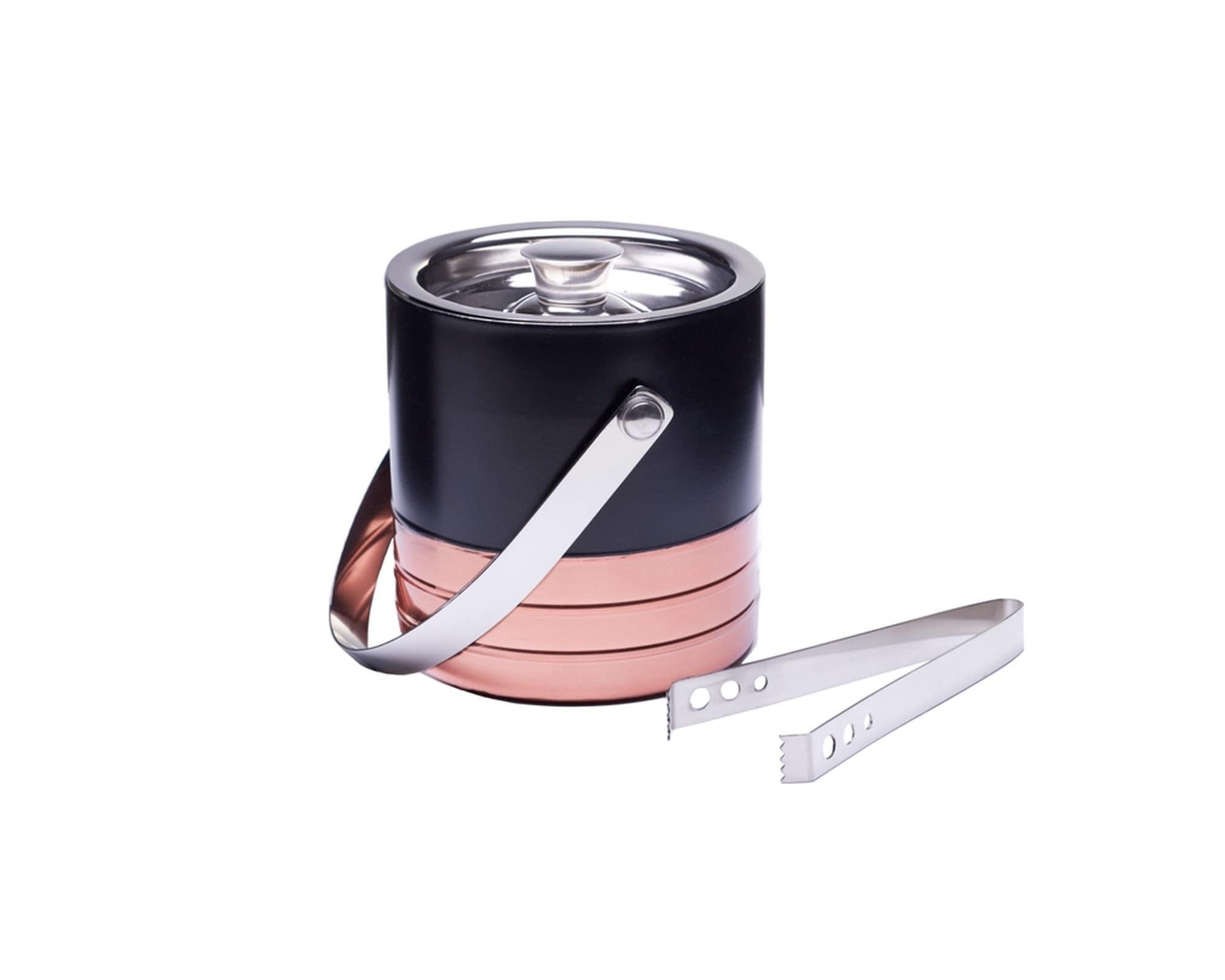 Sol Living  Ice Bucket Double Wall Stainless Steel with Lid and Tongs Copper and Black