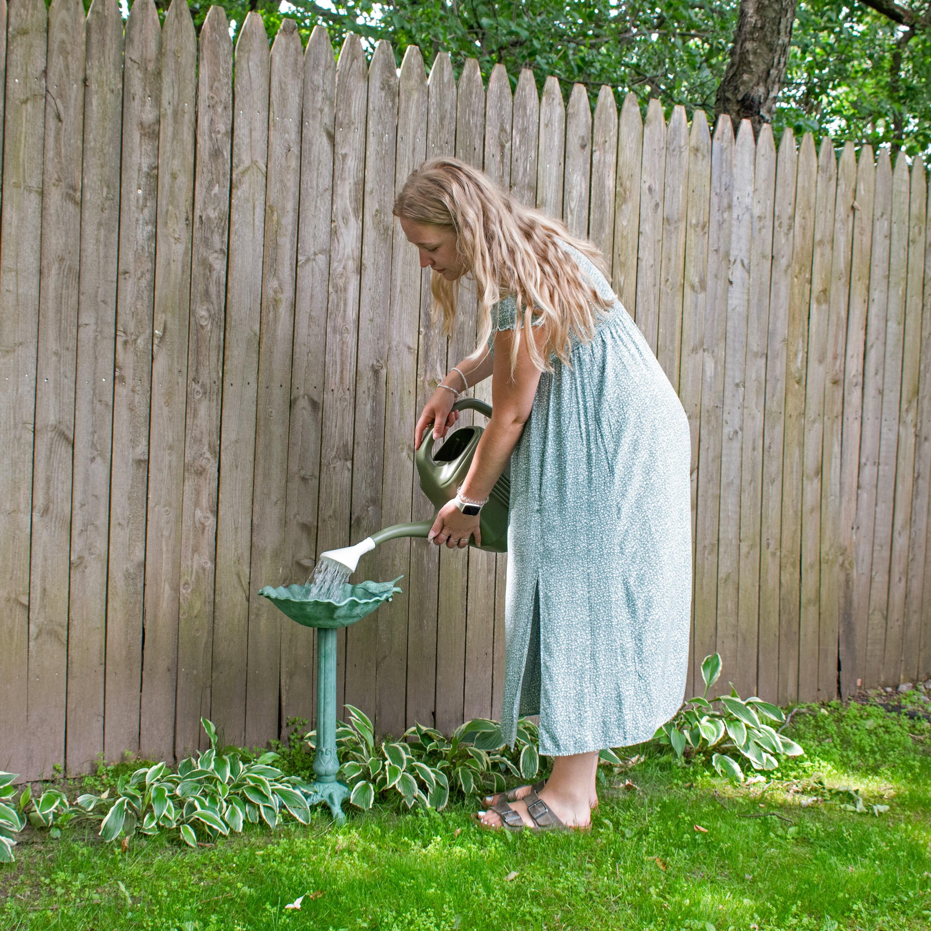 Autumnal Leaf Freestanding Cast Aluminum Outdoor Bird Bath - Green Patina