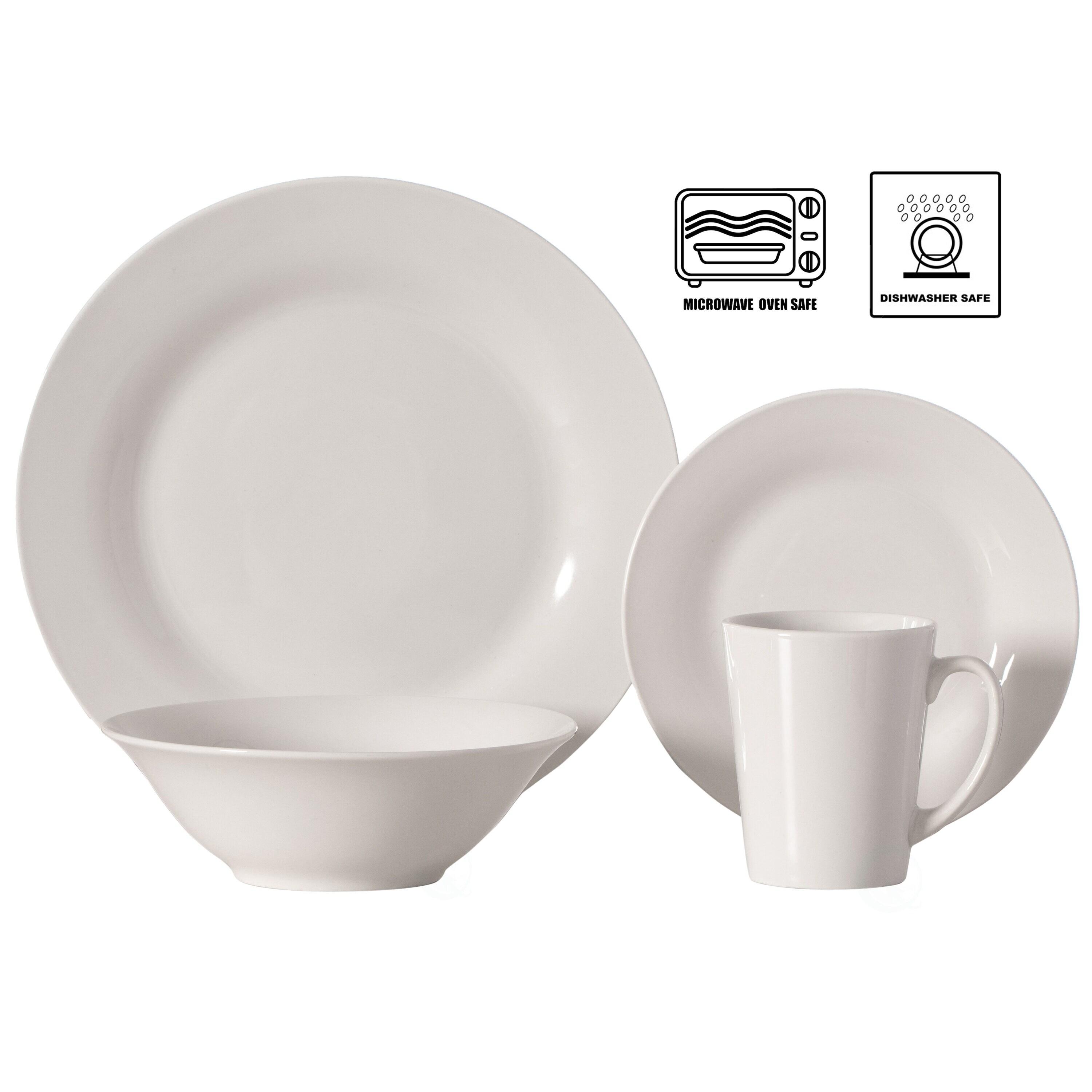 Dinewares 16 PC Spin Wash Dinnerware Dish Set for 4 Person | Mugs, Salad and Dinner Plates and Bowls Sets, Dishwasher and Microwave Safe, White