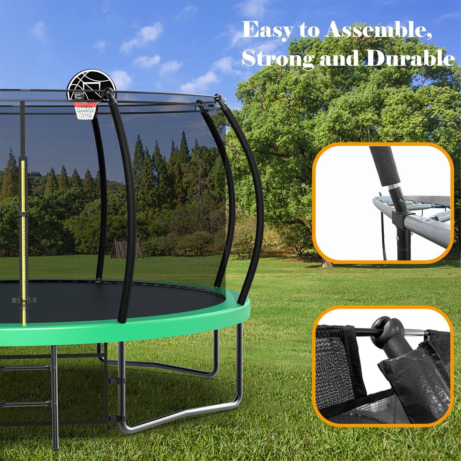 12FT Round Trampoline with Basketball Hoop for Kids, Outdoor Recreational Trampolines with Safety Enclosure Net & Ladder, 880 LBS Weight Capacity, Green
