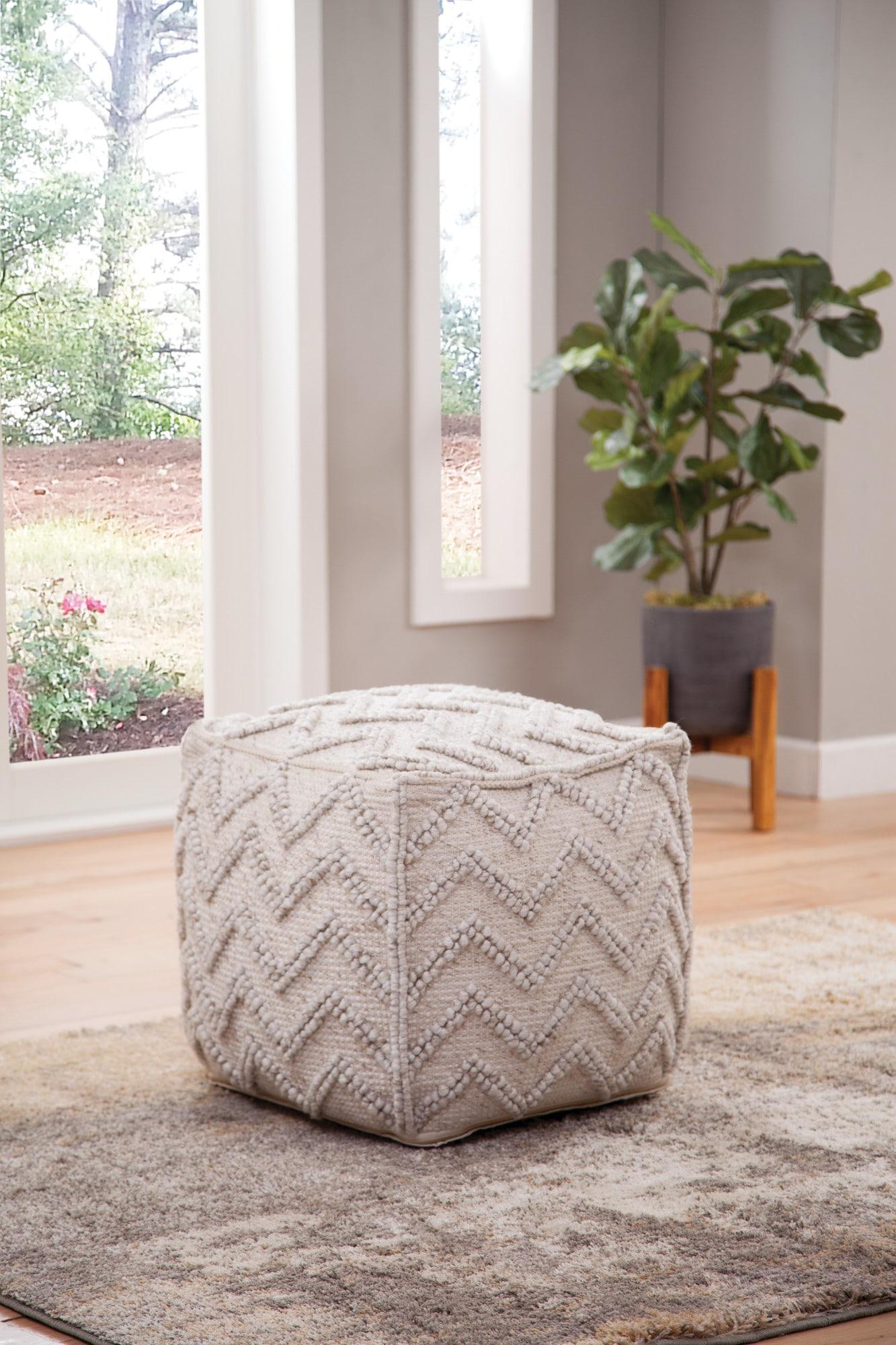 Kenzari Square Zigzag Handwoven Pouf Ivory - Steve Silver Co.: Neutral Chevron, Wool & Cotton, No Assembly