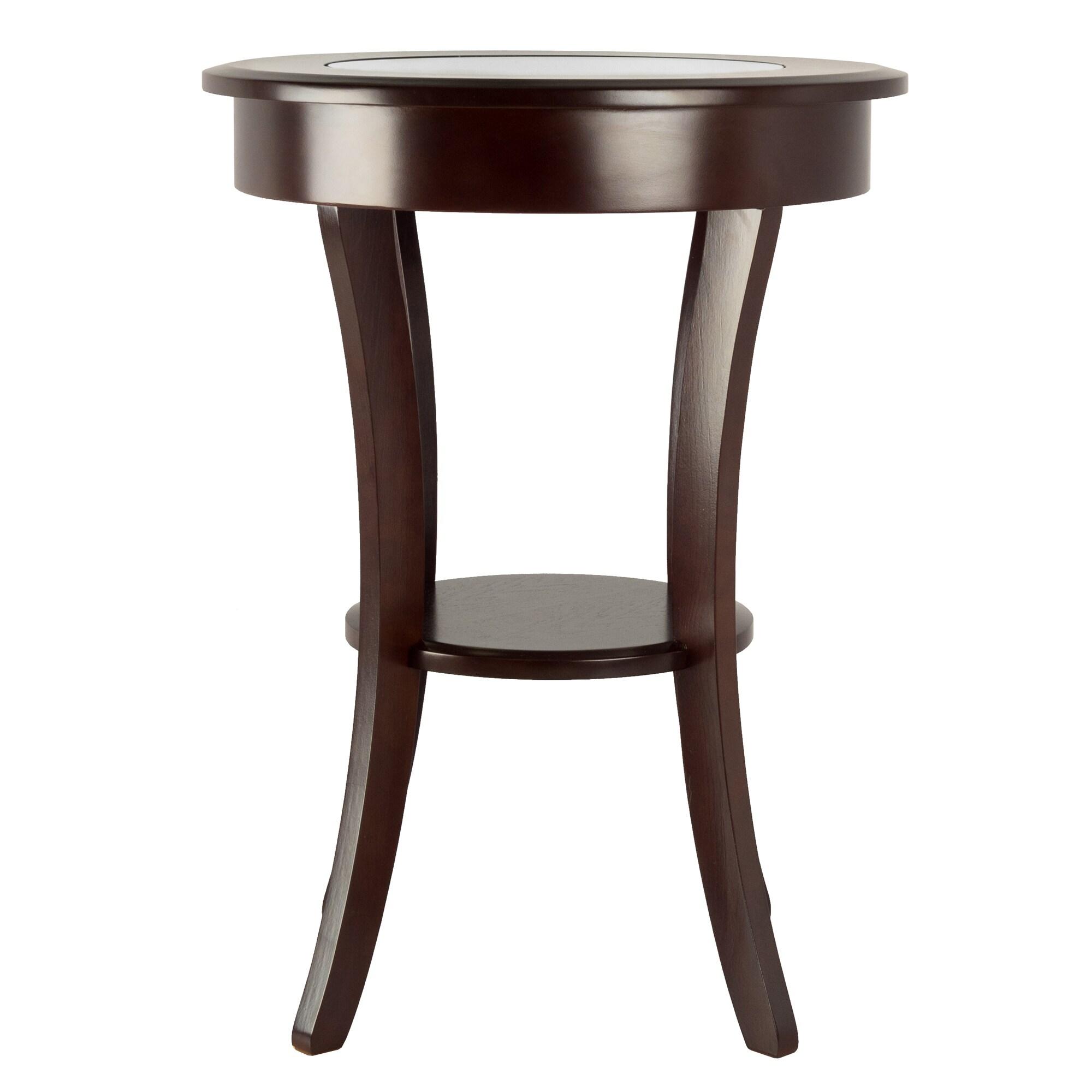 Cassie Round Accent Table with Glass - Cappuccino - Winsome: Flared Legs, Wood Composite Shelf, 27" Height