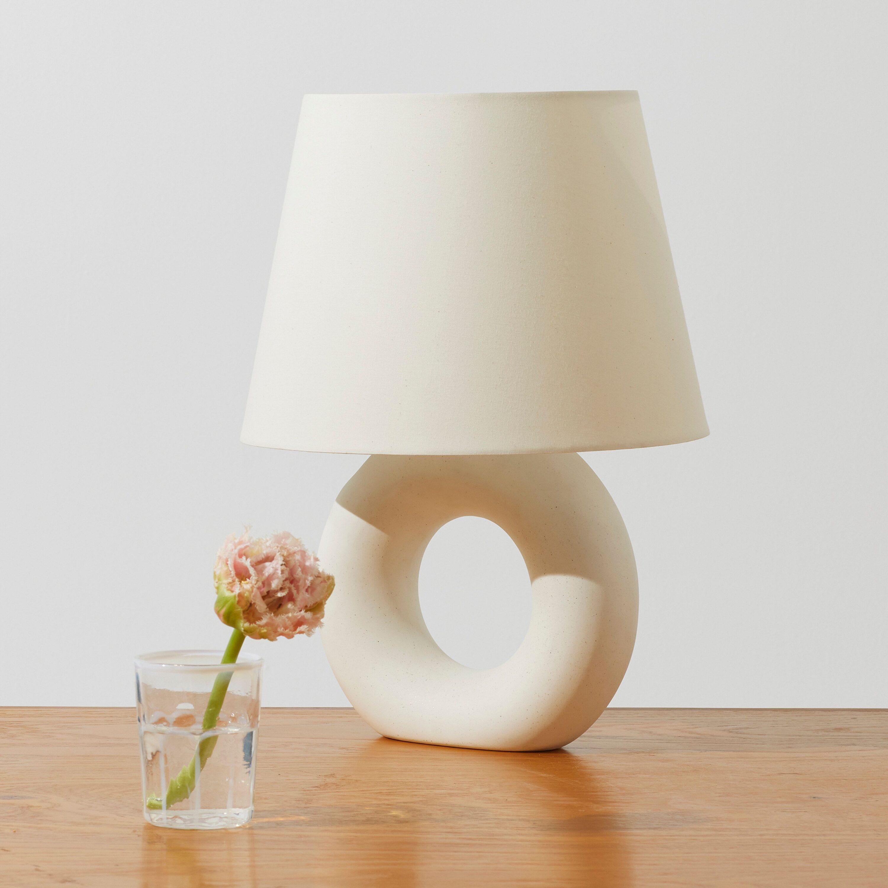 Brightech Chloe 15.5" Modern LED Table Lamp with Circular Ceramic Base and Natural Cotton Shade