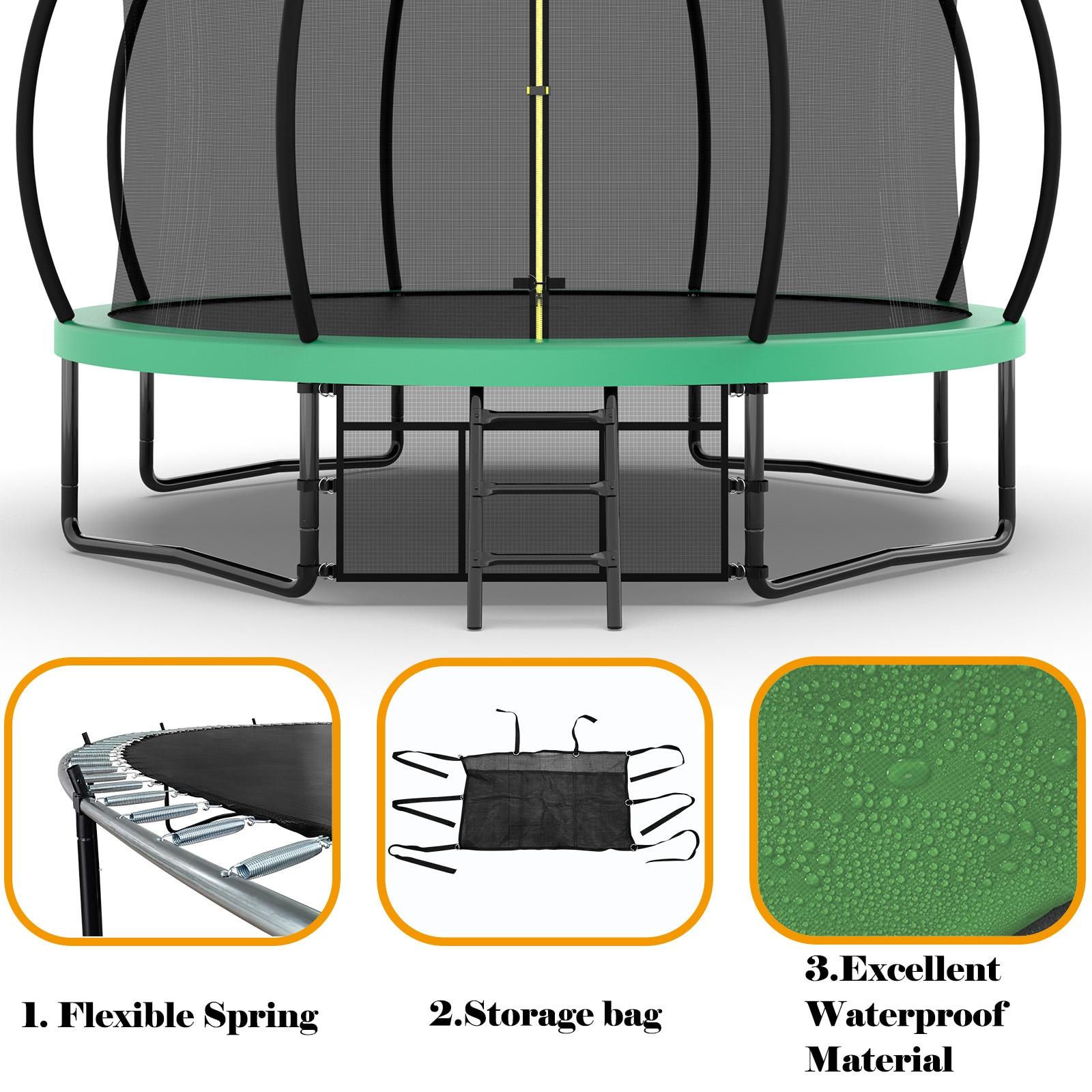 12FT Round Trampoline with Basketball Hoop for Kids, Outdoor Recreational Trampolines with Safety Enclosure Net & Ladder, 880 LBS Weight Capacity, Green