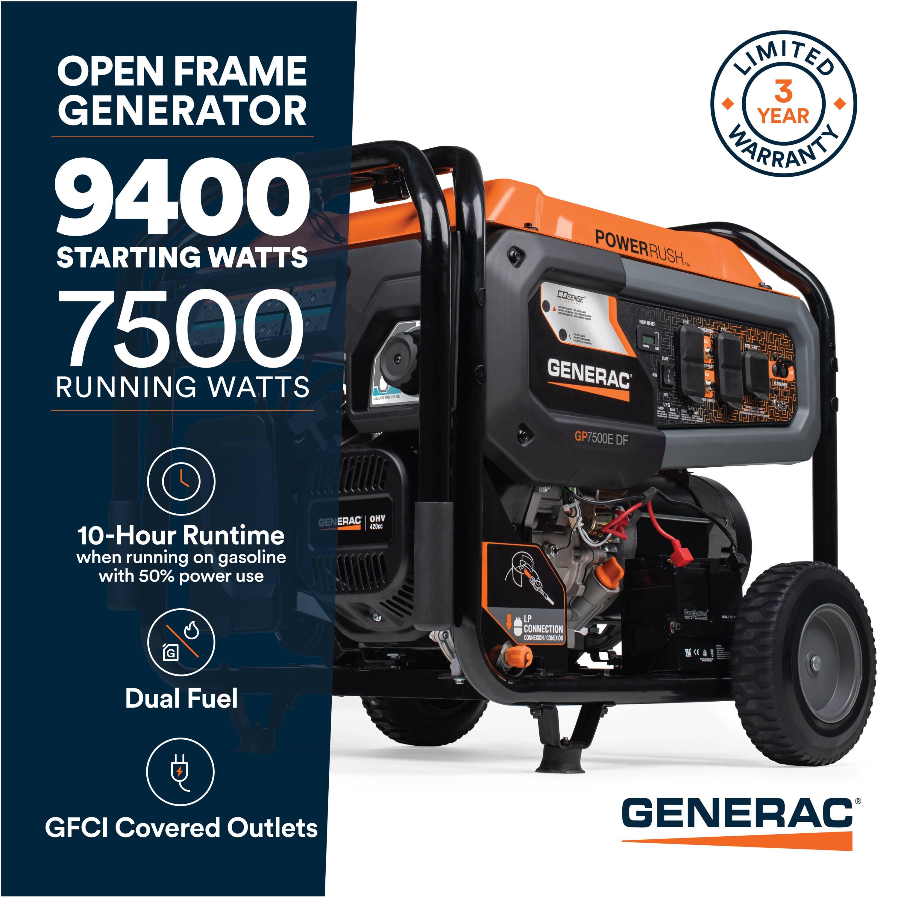 Generac 8011 GP7500E 7,500-Watt Dual-Fuel Compatible Portable Generator, 49-ST