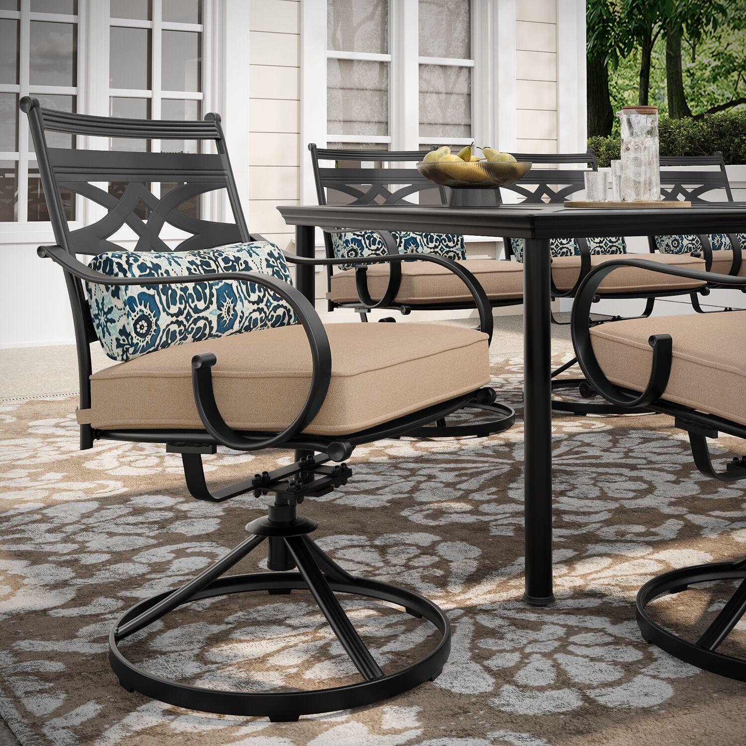Hanover Montclair 9-Piece All-Weather Outdoor Patio Dining Set, 8 Swivel Rocker Chairs with Comfortable Seat and Lumbar Cushions, 84"x42" Stamped Rectangle Table, MCLRDN9PCSW8-TAN