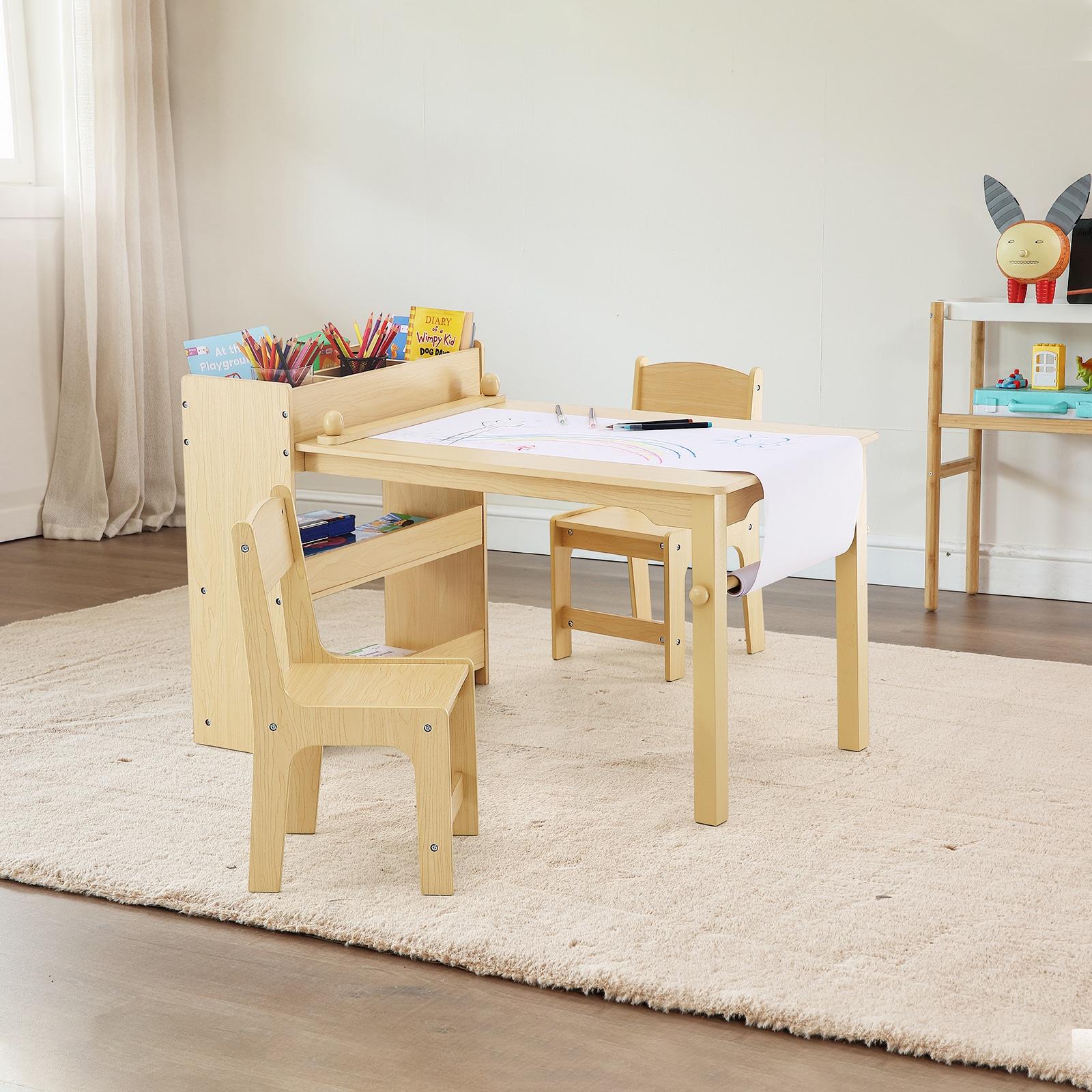 VEVOR Kids Art Table and 2 Chairs, 2-in-1 Toddler Craft and Play Activity Table, Wood Toddler Table and Chair Set with A Cabinet for Art, Craft, Reading, Learning