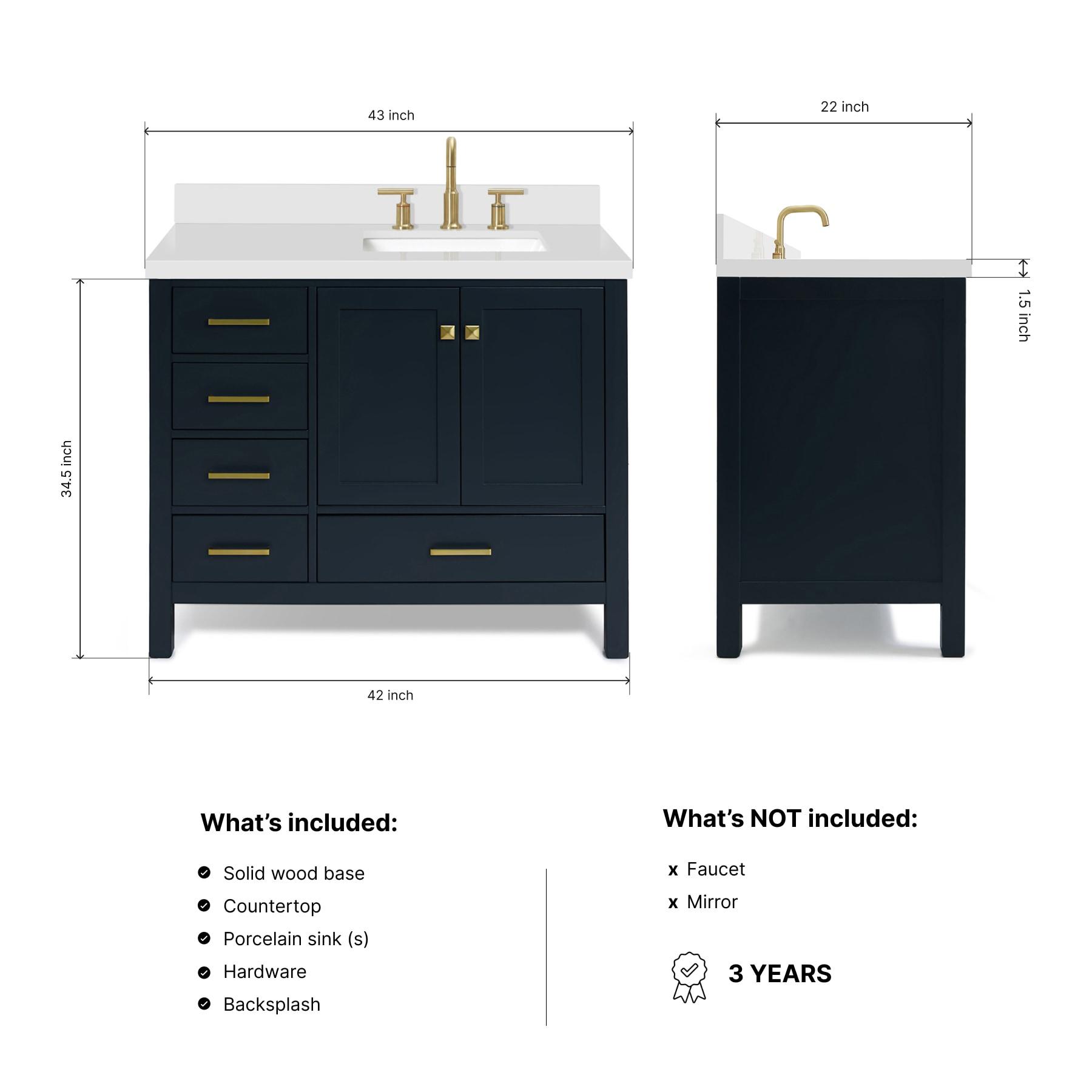 ARIEL Cambridge 43 Inch Midnight Blue Bathroom Vanity with Single Sink, Solid Wood, White Quartz Countertop, 1.5-Inch Edge, Right Rectangular Undermount Sink, 2 Soft Closing Doors, 5 Drawers