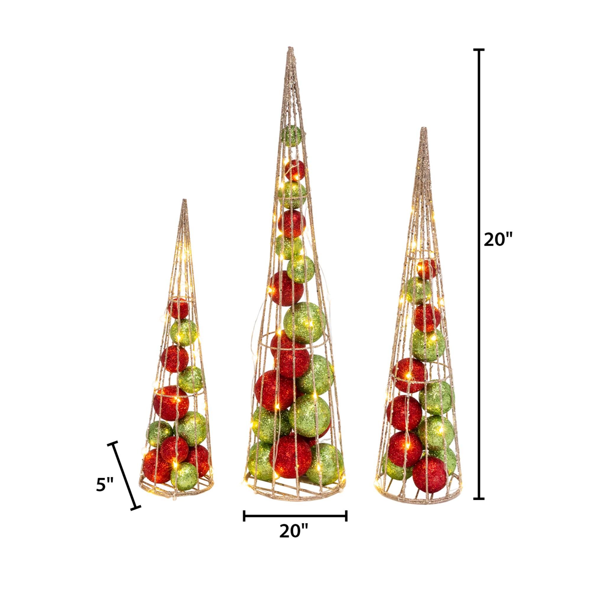 Gerson 2550120 Set of 3 Battery Operated Lighted Ornament Filled Cone Trees, Large is 24-inch Height