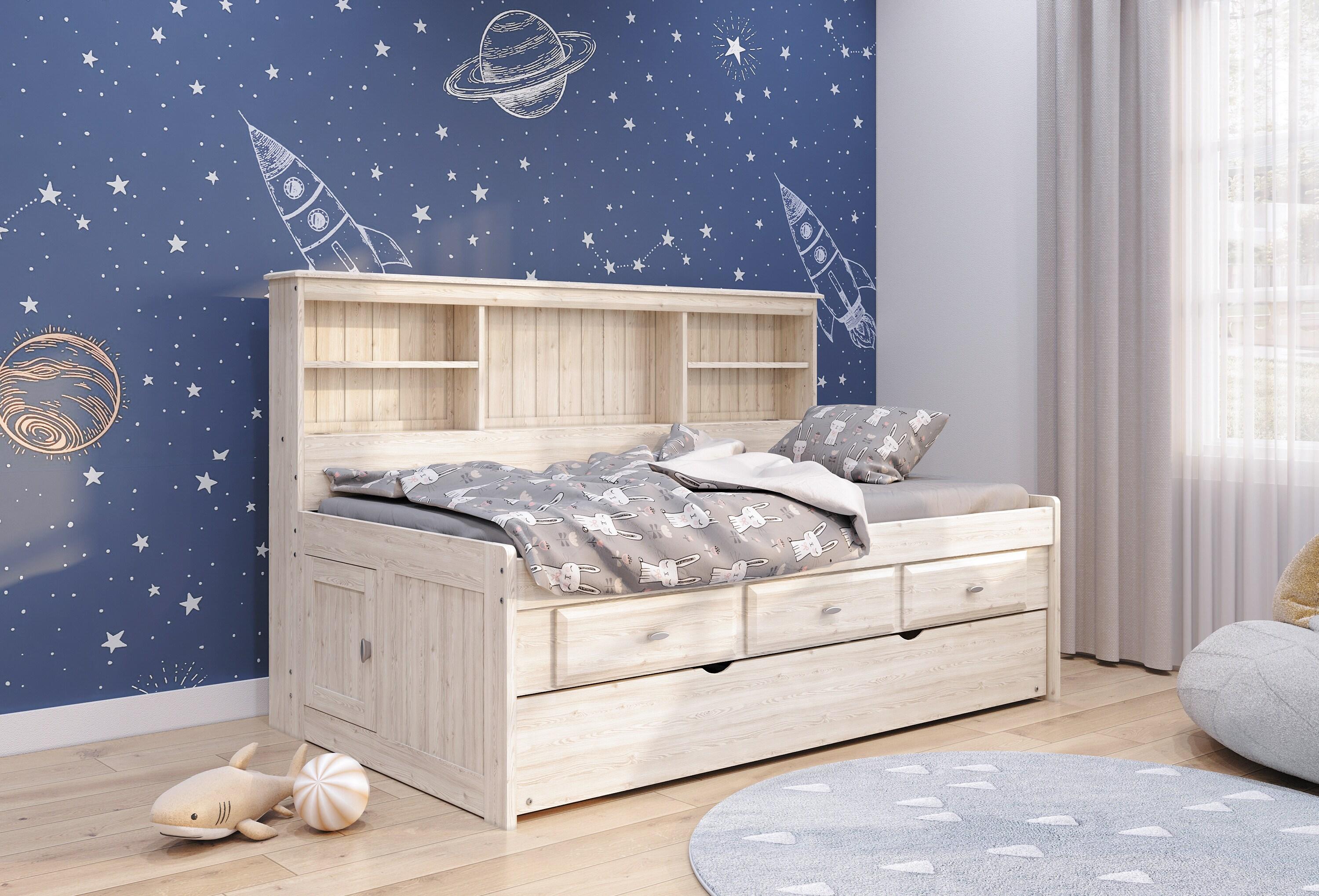 American Furniture Classics OS Home and Office Furniture Model 85222K3-22, Solid Pine Twin Daybed with Three Sturdy Drawers and a Twin Sized Trundle in Light Ash