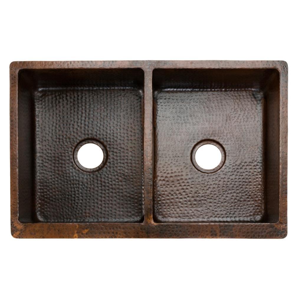 Premier Copper Products KA50DB33229 33" Hammered Copper Apron Front 50/50 Double Basin Kitchen Sink