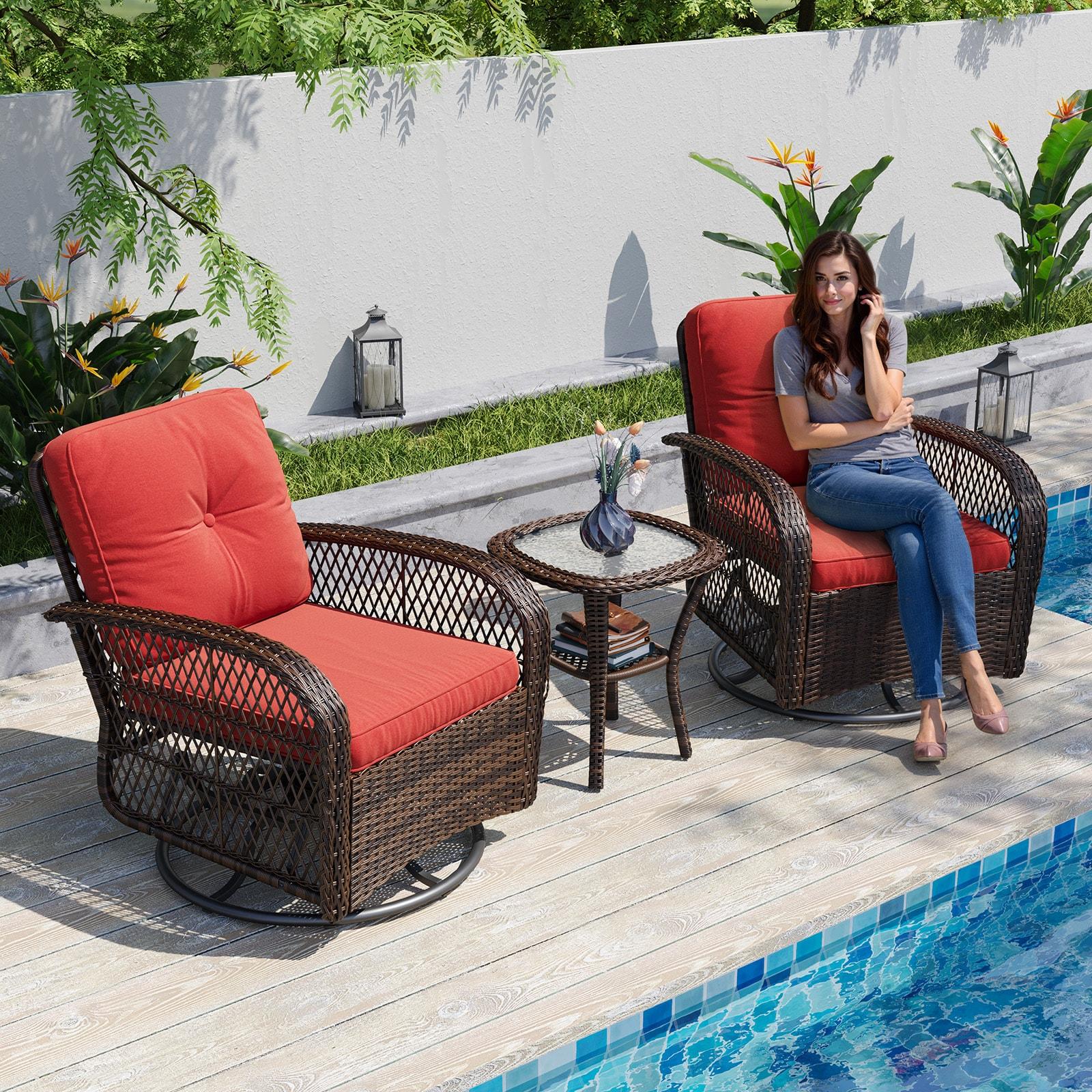 MRUAKA 3 Pieces Patio Furniture Set, Outdoor Swivel Gliders Rocker, Wicker Patio Bistro Set with Rattan Rocking Chair, Glass Top Side Table and Thickened Cushions for Porch Deck Backyard(Red)