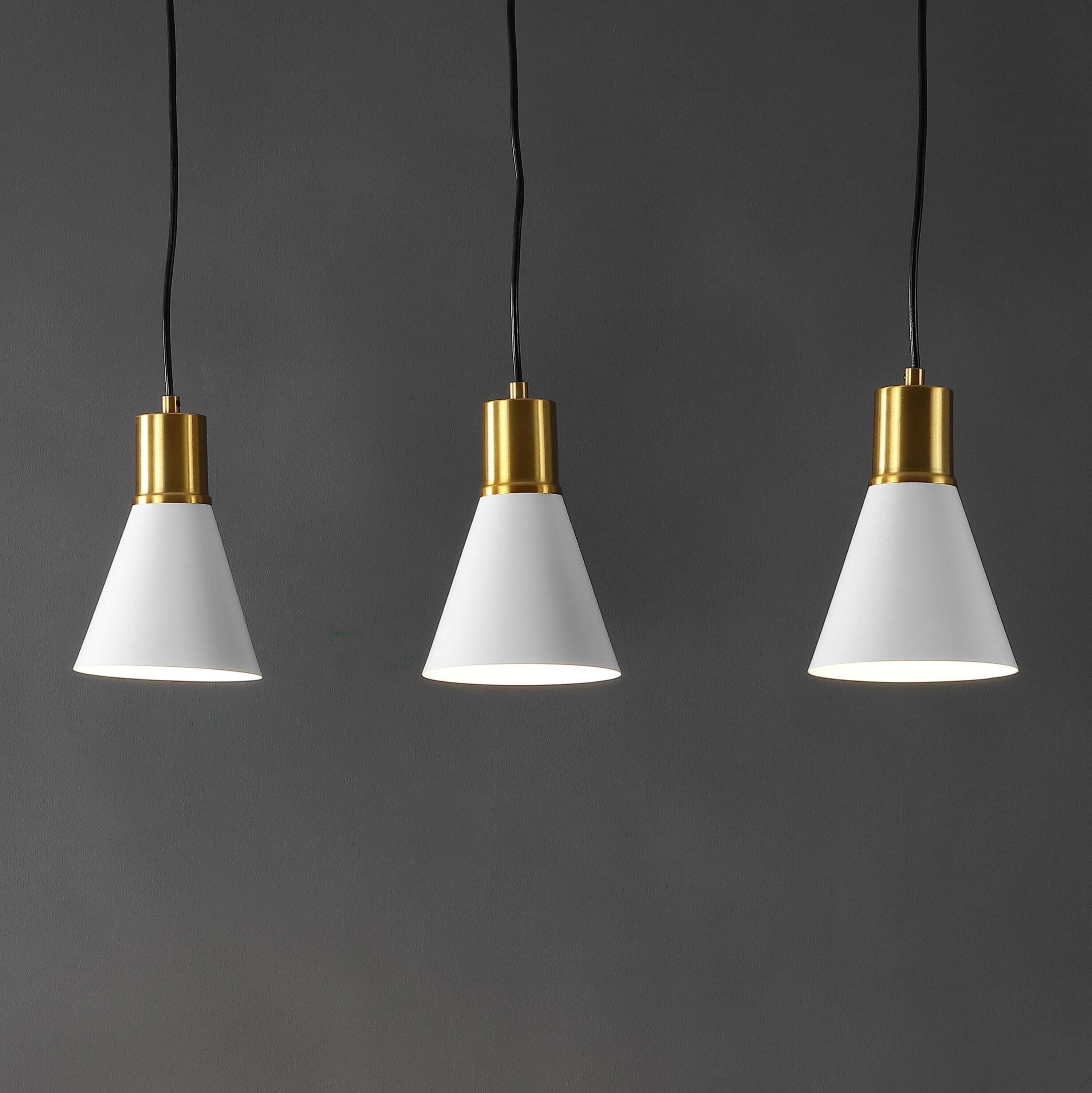 Apollo 33.5" 3-Light Mid-Century Modern Iron Adjustable Linear LED Pendant, White/Brass Gold
