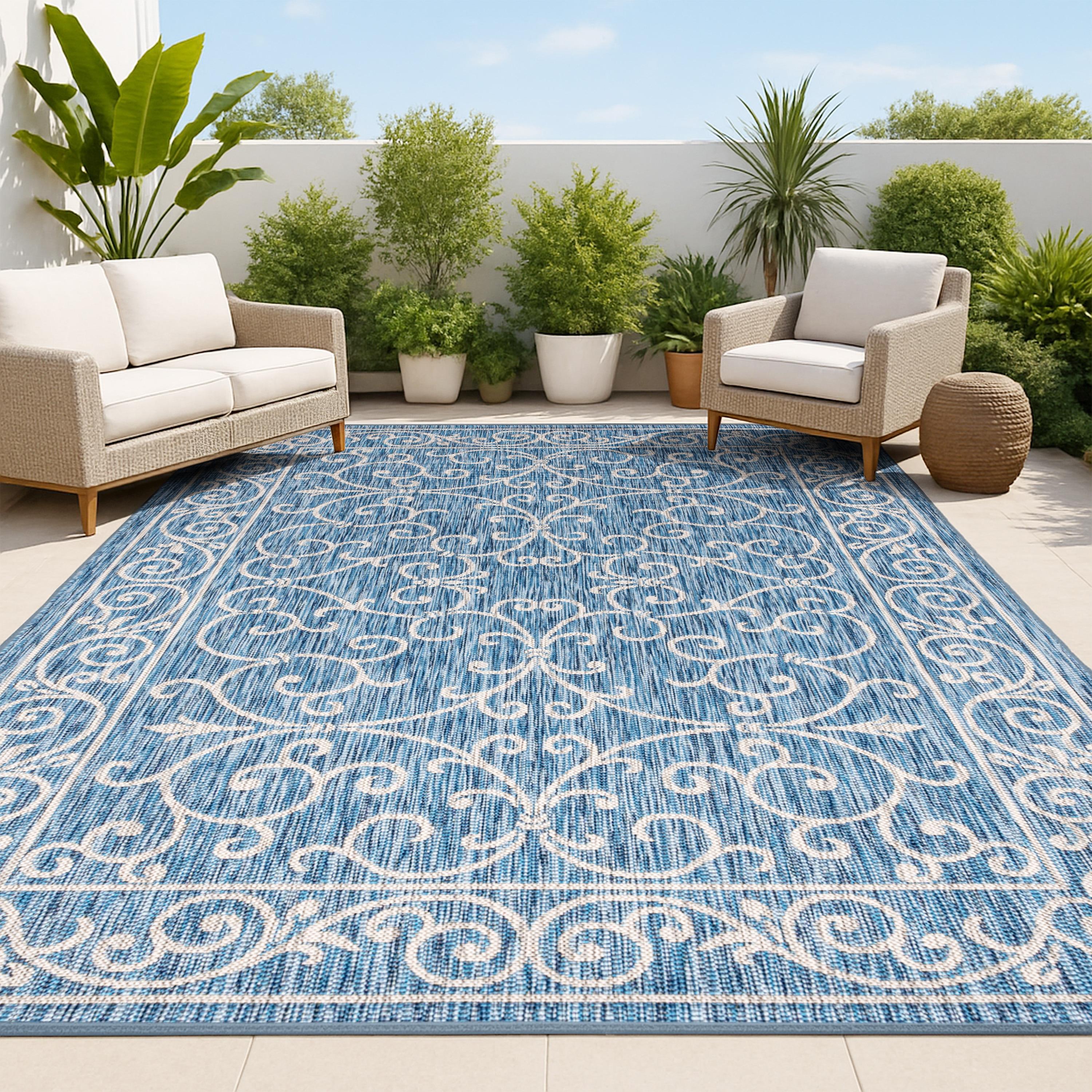 9' X 12' Charleston Vintage Filigree Textured Weave Indoor/Outdoor Area Rug, Navy/Gray - JONATHAN Y