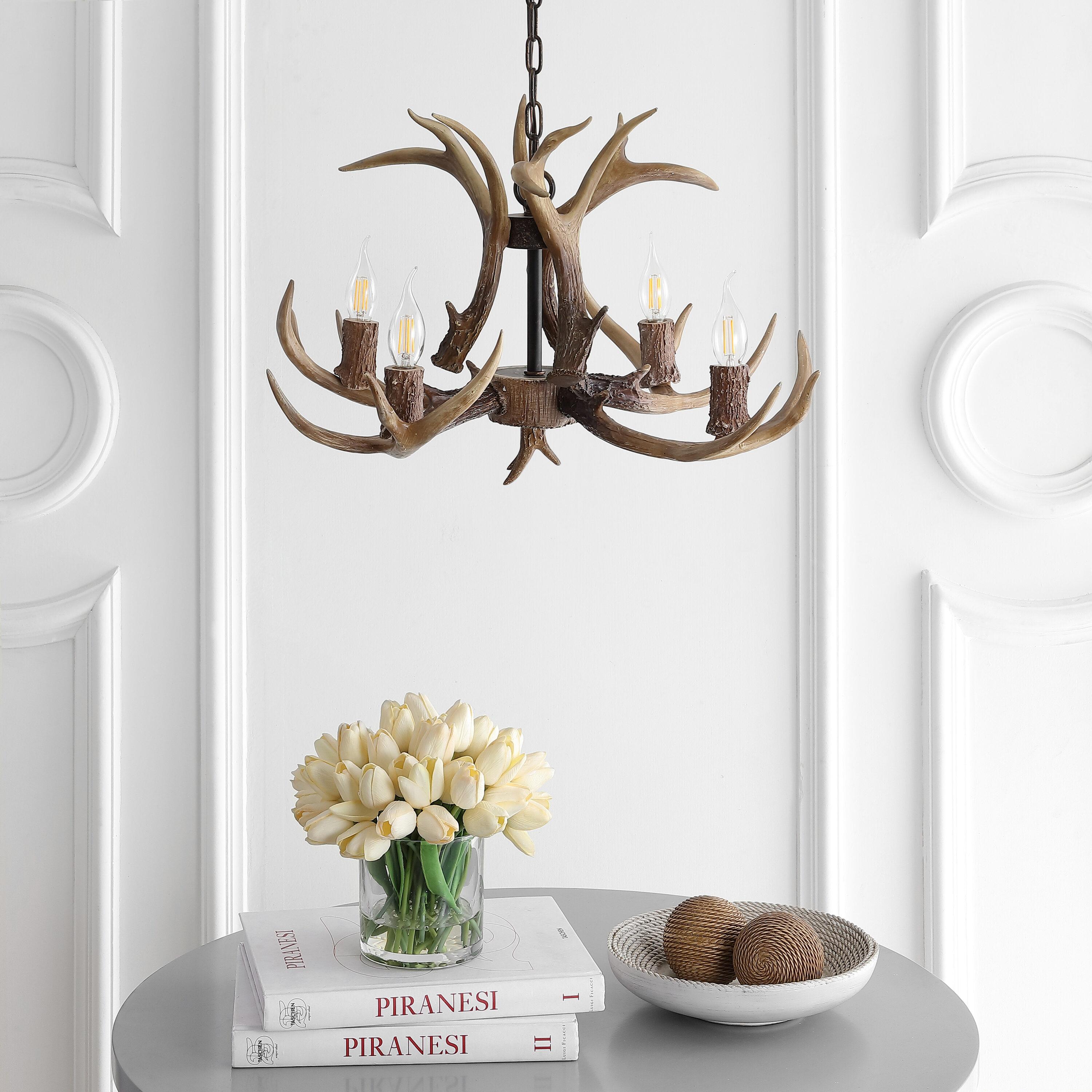 JONATHAN Y JYL6301A Eldora 26" Adjustable Resin Antler 4-Light LED Chandelier, Farmhouse, Glam, Transitional, Rustic, Cottage for living room, dinning room, bedroom, office Bulb Included, Brown