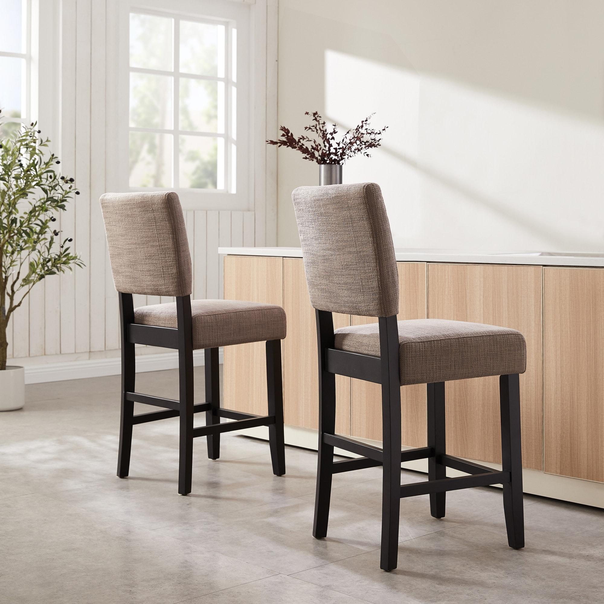 Leick Home Upholstered Back Counter Height Stool with Wood Base-Set of 2 Black and Gray Woven Fabric