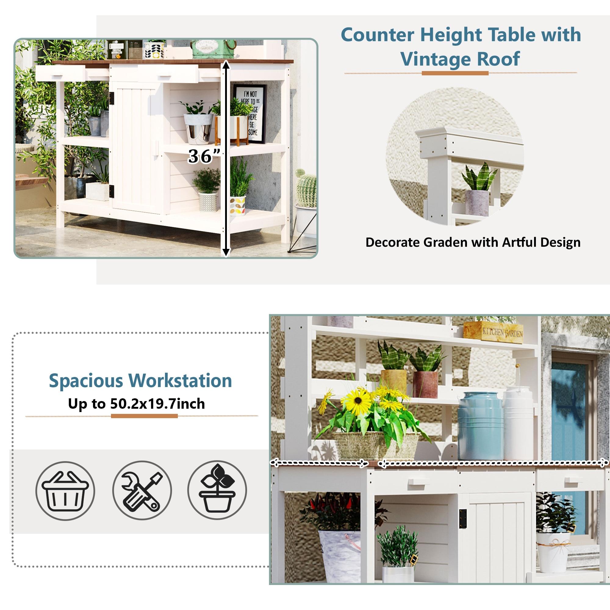 Large White Fir Wood Outdoor Potting Bench with Drawers