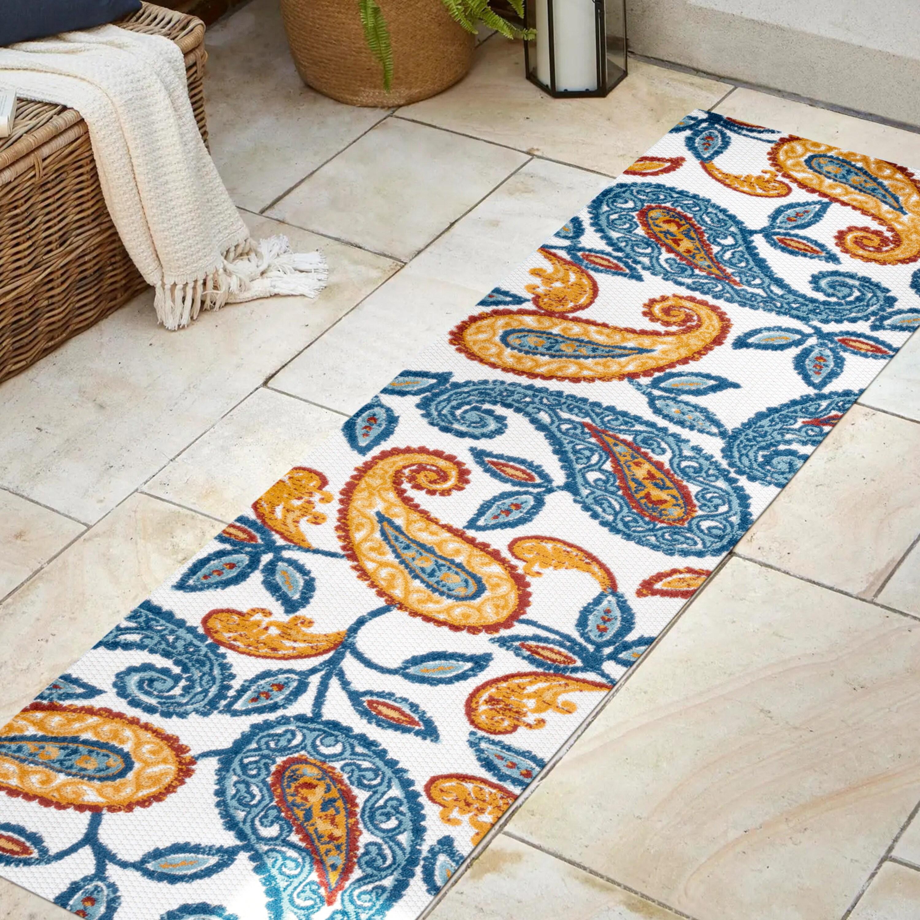 2'x8' Julien Paisley High-Low Indoor/Outdoor Area Rug, Orange/Blue - JONATHAN Y