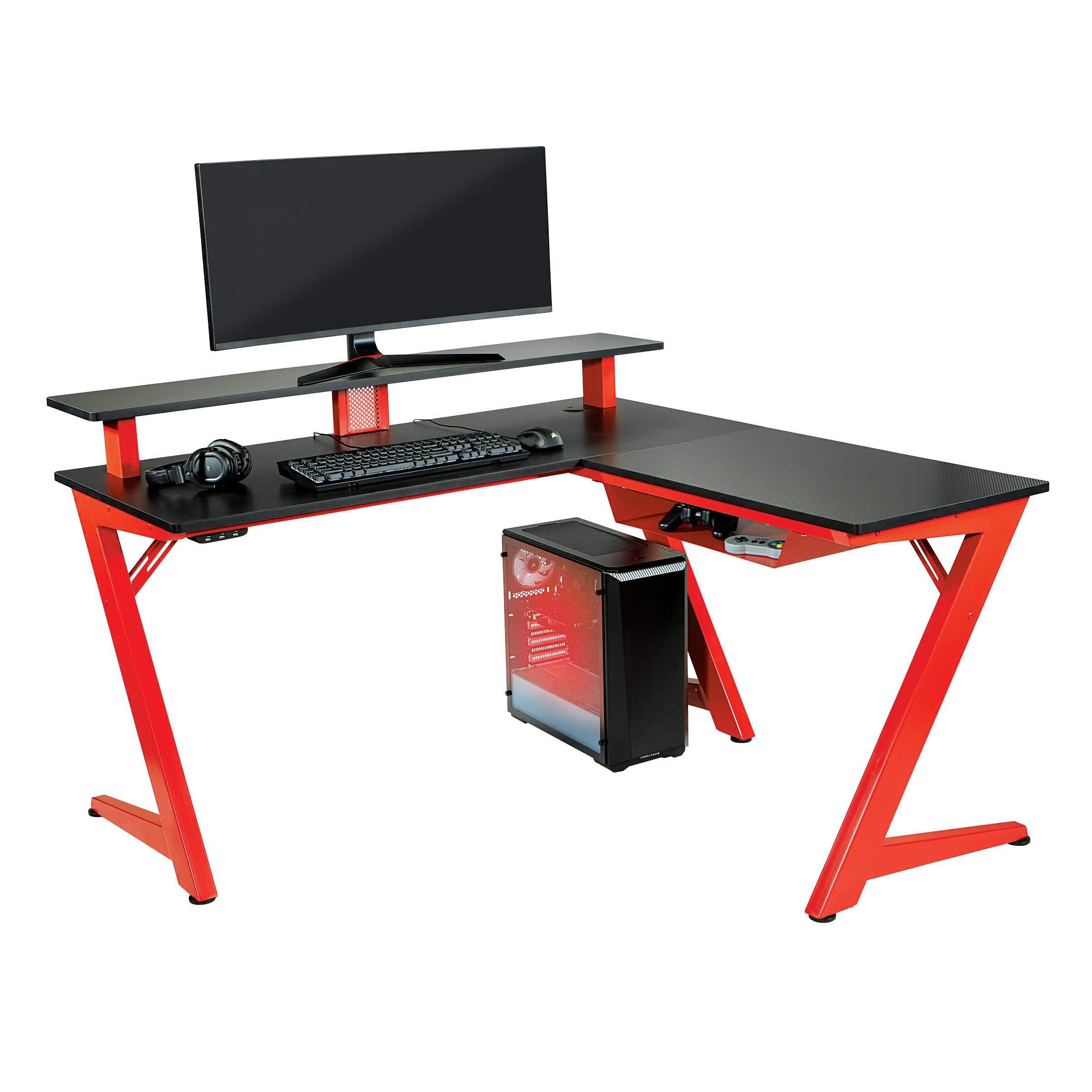 Avatar Battlestation L-Shape Game Desk with Carbon Top and Matte Red Legs