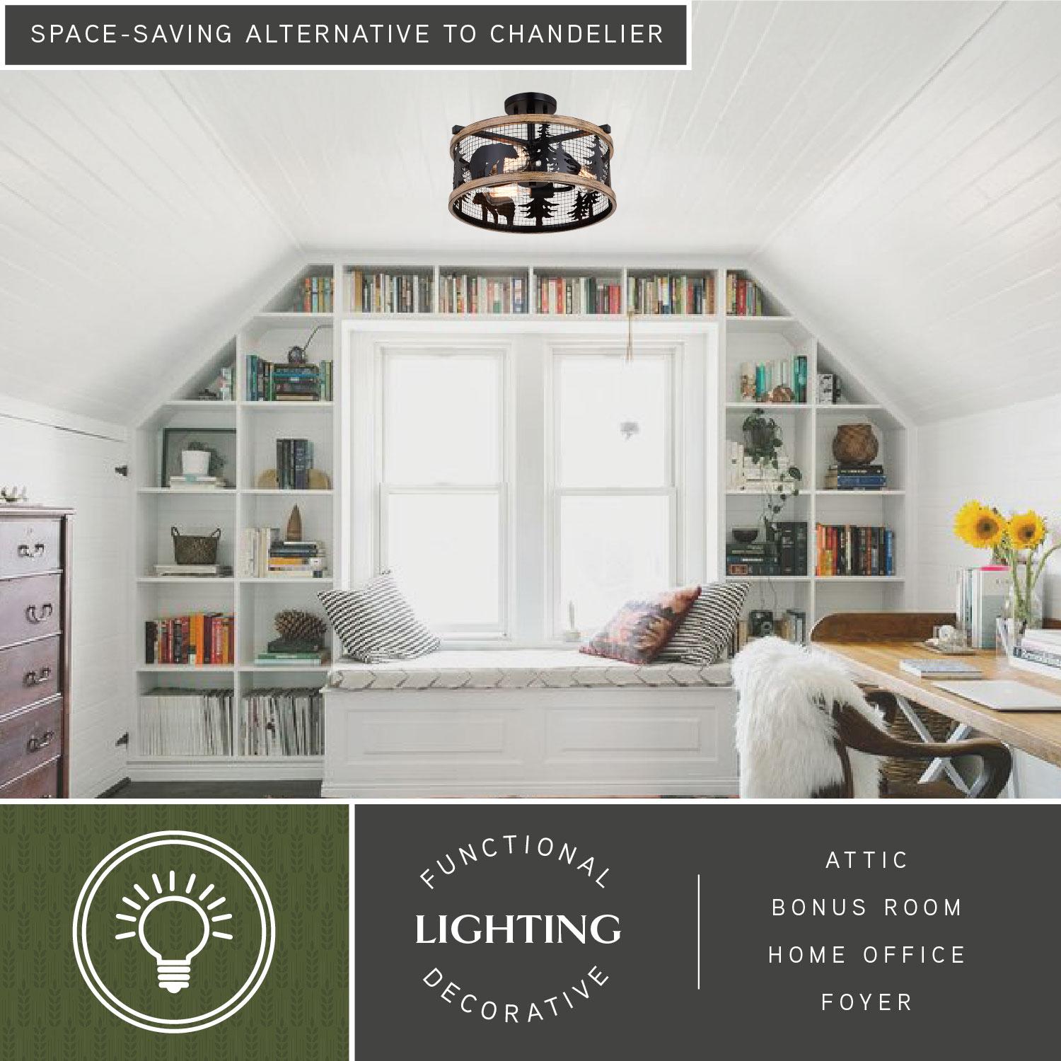Kodiak 16-in W Black and Teak Rustic Semi Flush Mount Ceiling Light Bear and Tree Motif