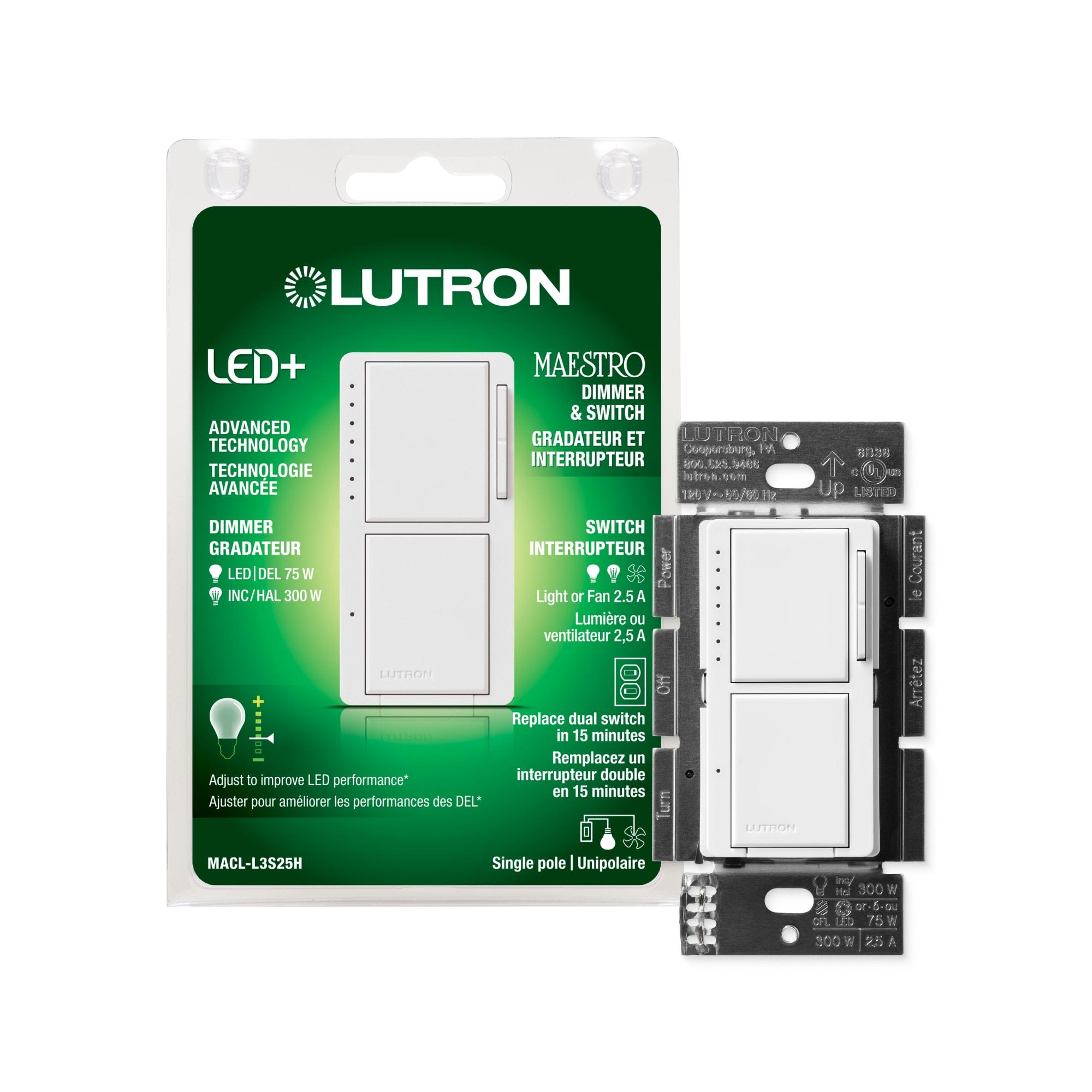 Lutron Maestro LED+ Dual Dimmer and Switch for 75-Watt LED Bulbs/2.5A Fans, Single Pole, White