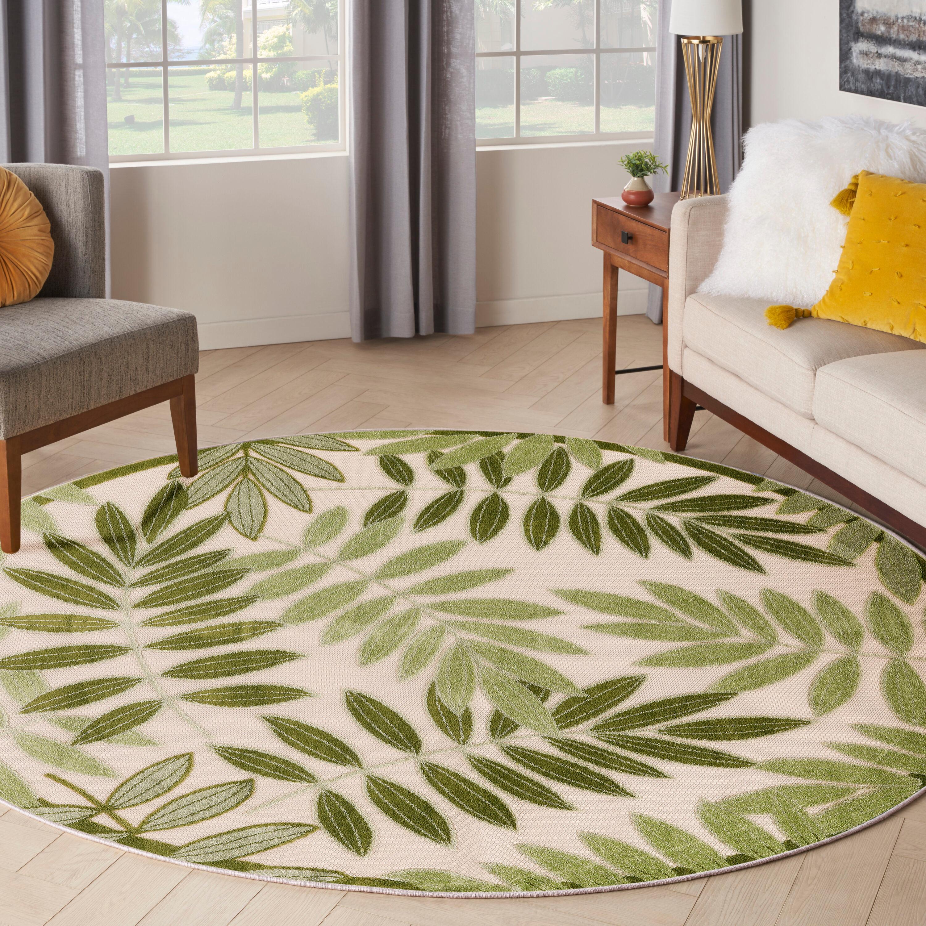 Nourison Aloha Floral Leaf Flatweave High-Low Indoor Outdoor Round Rug Ivory Green 5'3" x 5'3"