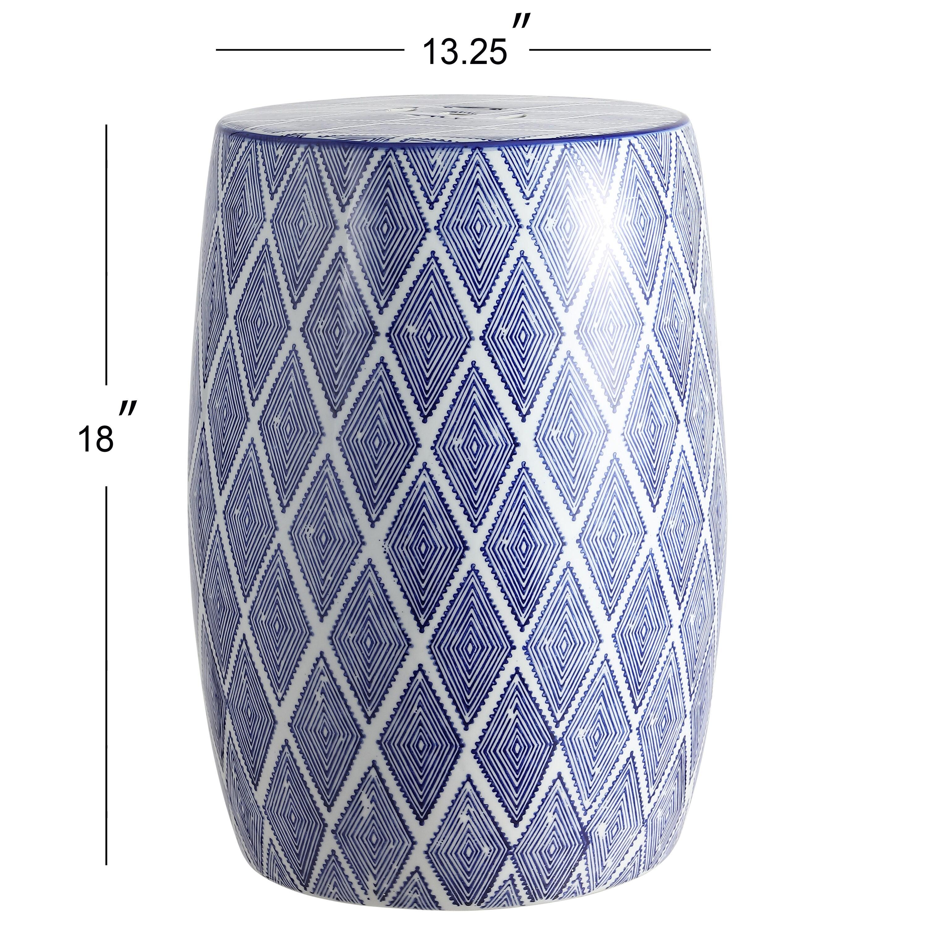 Moroccan Diamonds 18" Ceramic Drum Garden Stool, Blue/White - JONATHAN Y