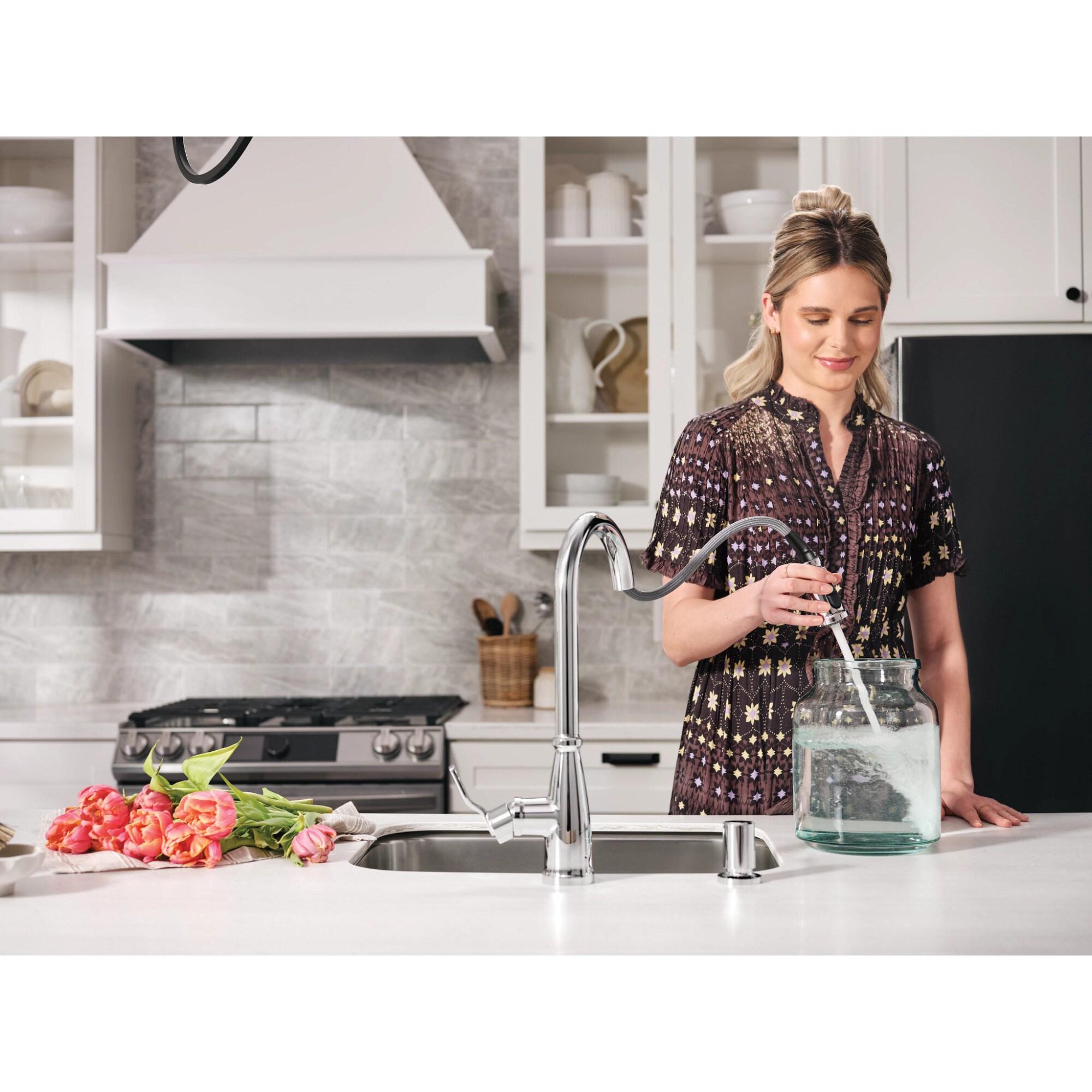 Moen Nolia Chrome One-Handle High Arc Kitchen Faucet with Pull Down Sprayer and Soap Dispenser, Kitchen Sink Faucet Featuring Power Boost Technology, 87071