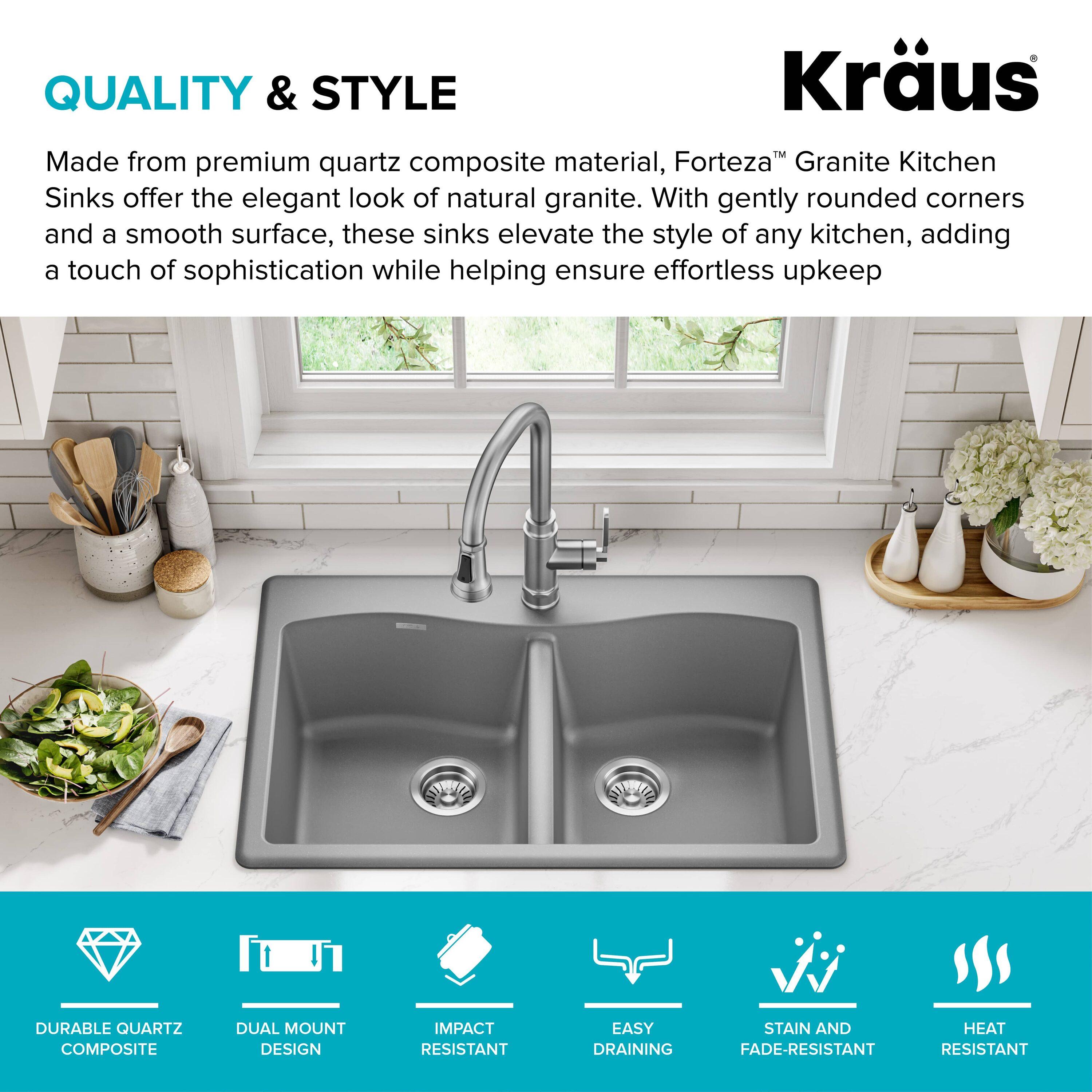 KRAUS Forteza™ 33" L Dual Mount 50/50 Double Bowl Granite Kitchen Sink