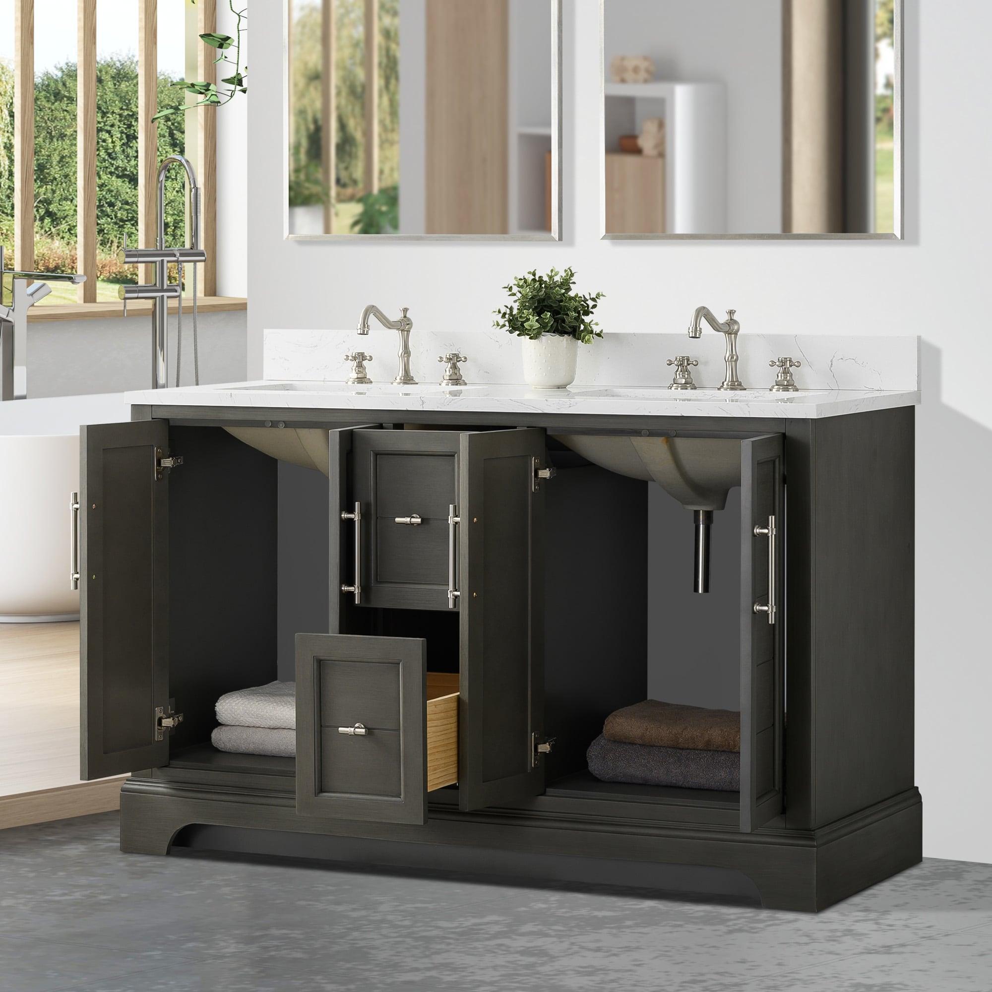 Vanity Art 54 x 22 x 34 in. Single Sink Bathroom Vanity with Quartz Top & Backsplash, Silver Gray