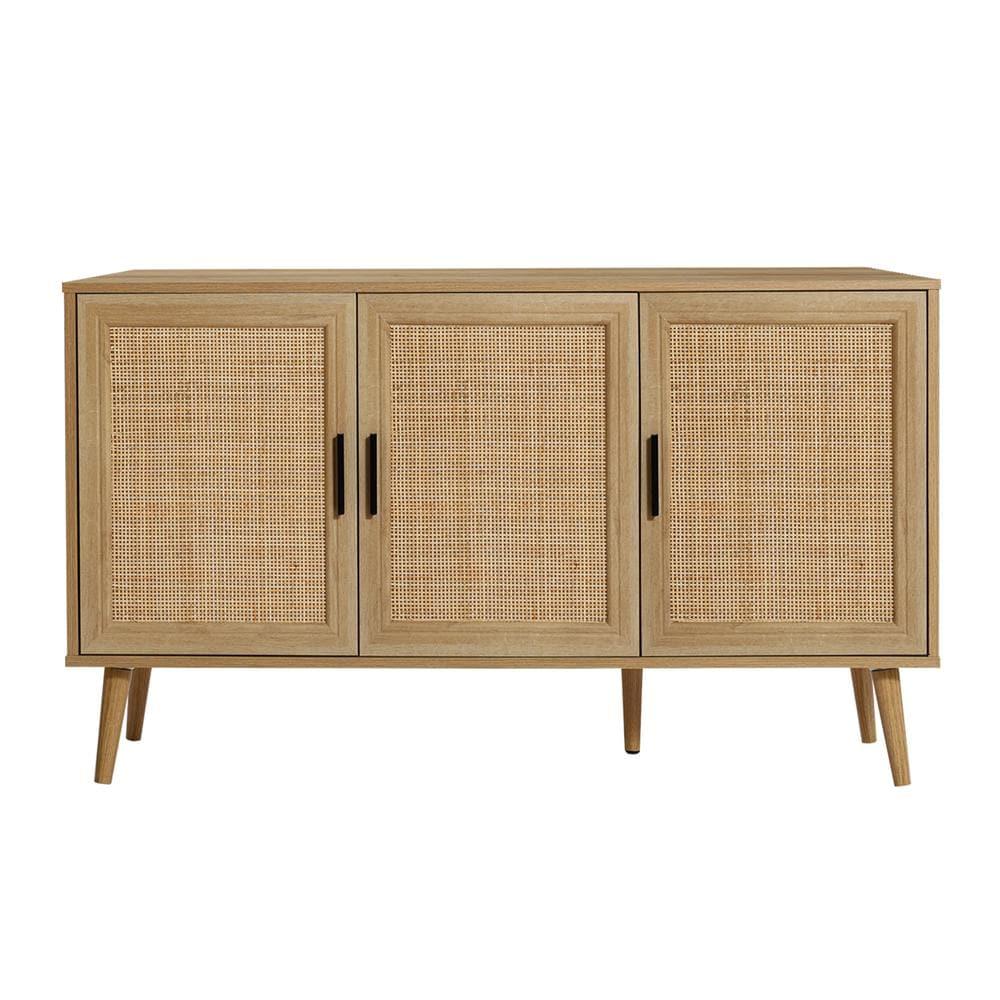 LuxenHome Rattan Buffet Cabinet with Storage, 47" Light Oak Finish Wood Accent Sideboard Cabinet with 3-Door, Boho Coffee Bar Console Table