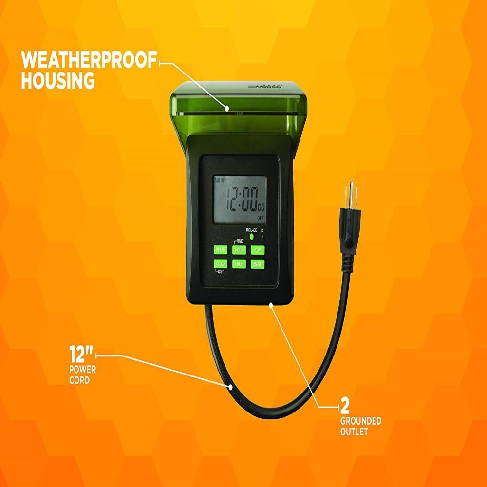 Woods 50015WD Outdoor 7-Day Heavy Duty Digital Plug-in Timer, 2 Grounded Outlets, Weatherproof, Perfect for Automating Holiday/Christmas Lights, Energy Saving Precision Programming, Black & Green