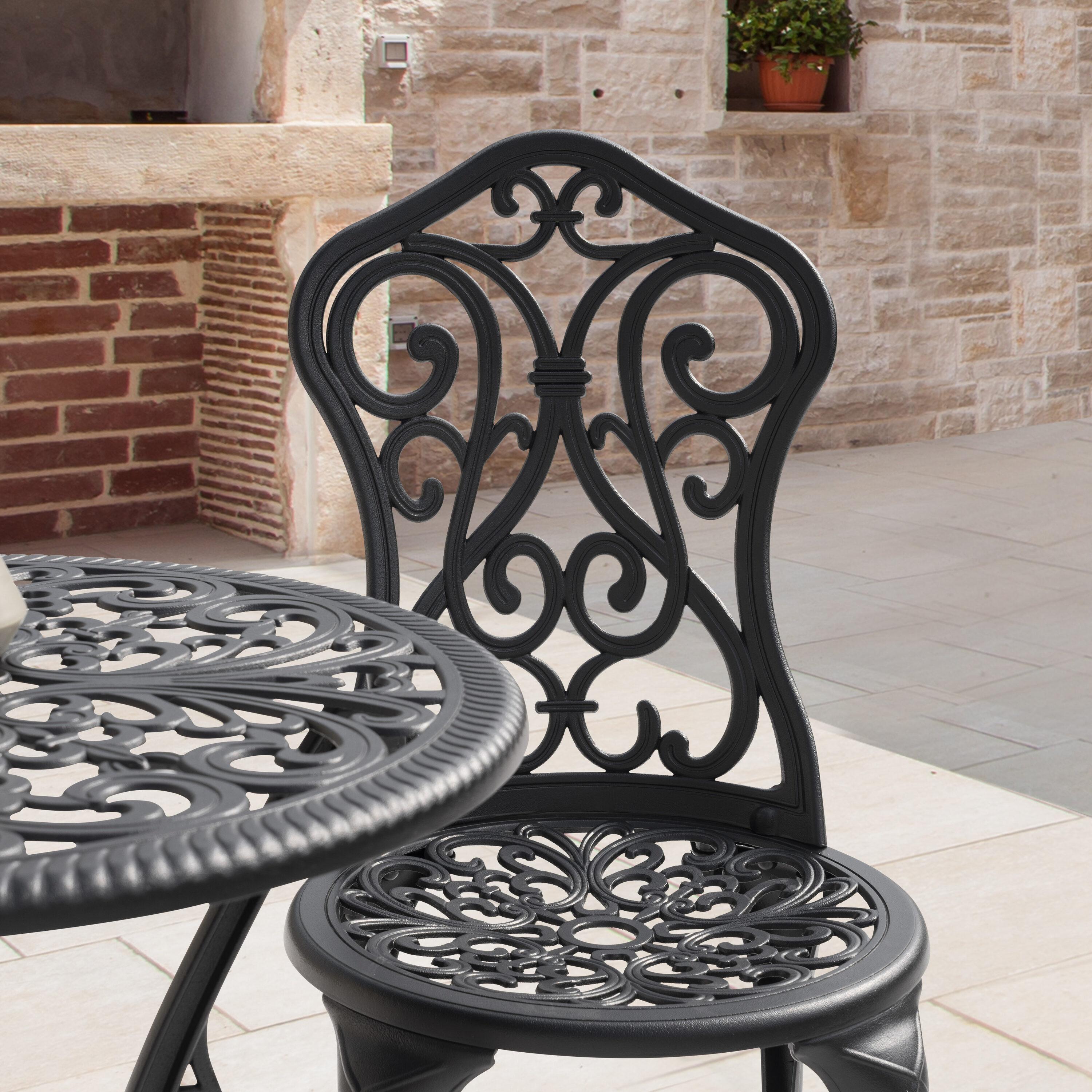 Black Cast Aluminum 3-Piece Outdoor Bistro Set with Floral Design