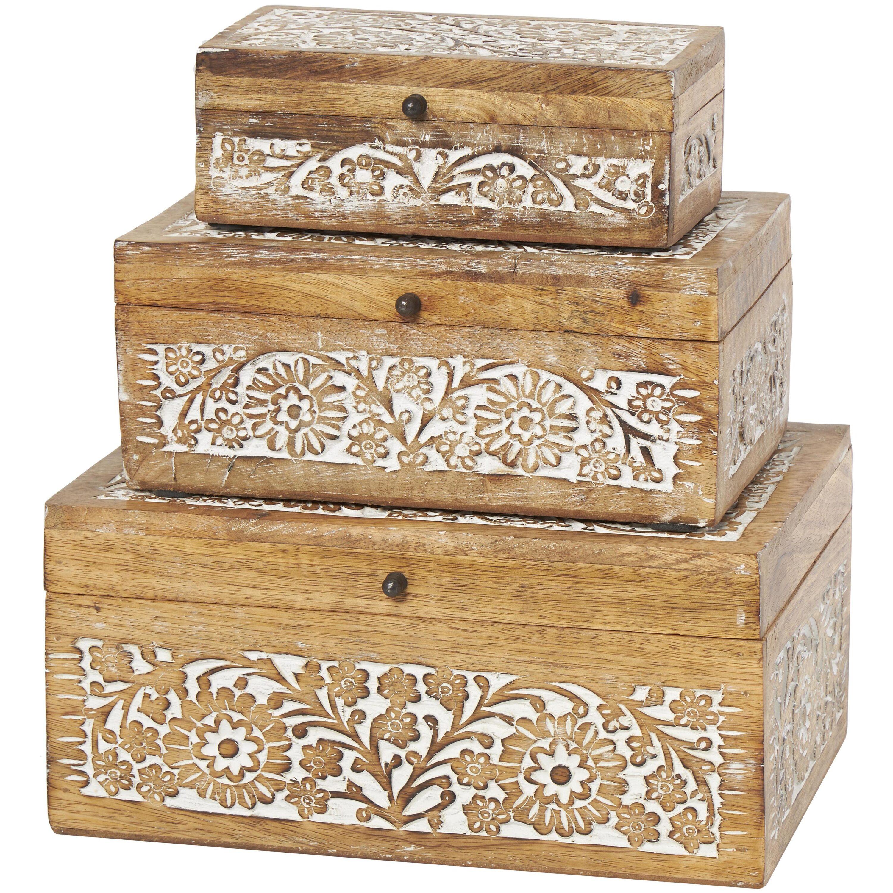 Set of 3 Mango Wood Carved Floral Boxes - Olivia & May: Coastal Style with Lids, Indoor Use, Non-Slip Base