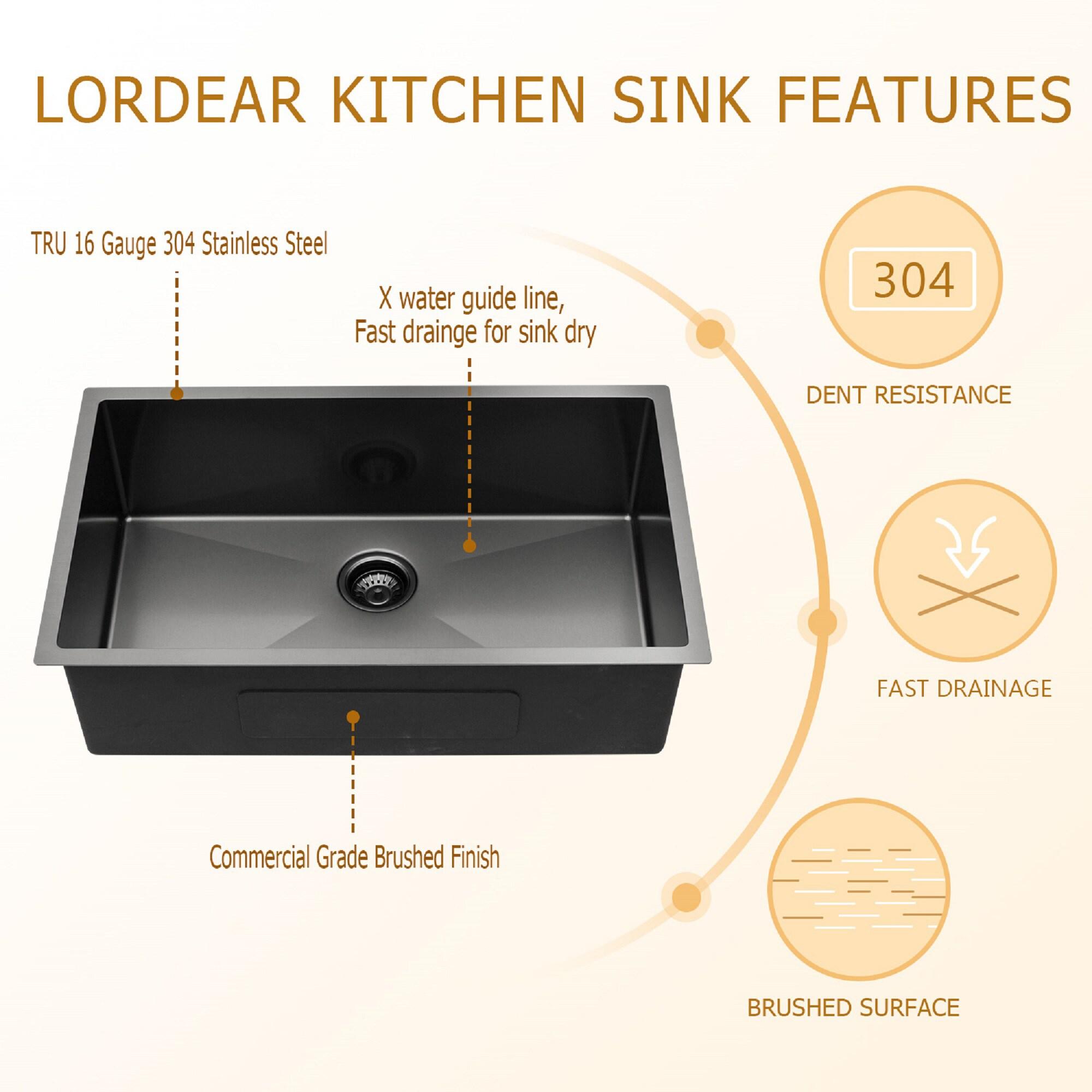 32" L x 19" W Undermount Kitchen Sink Gunmetal Black Sink 16 Gauge Stainless Steel Single Bowl Sink