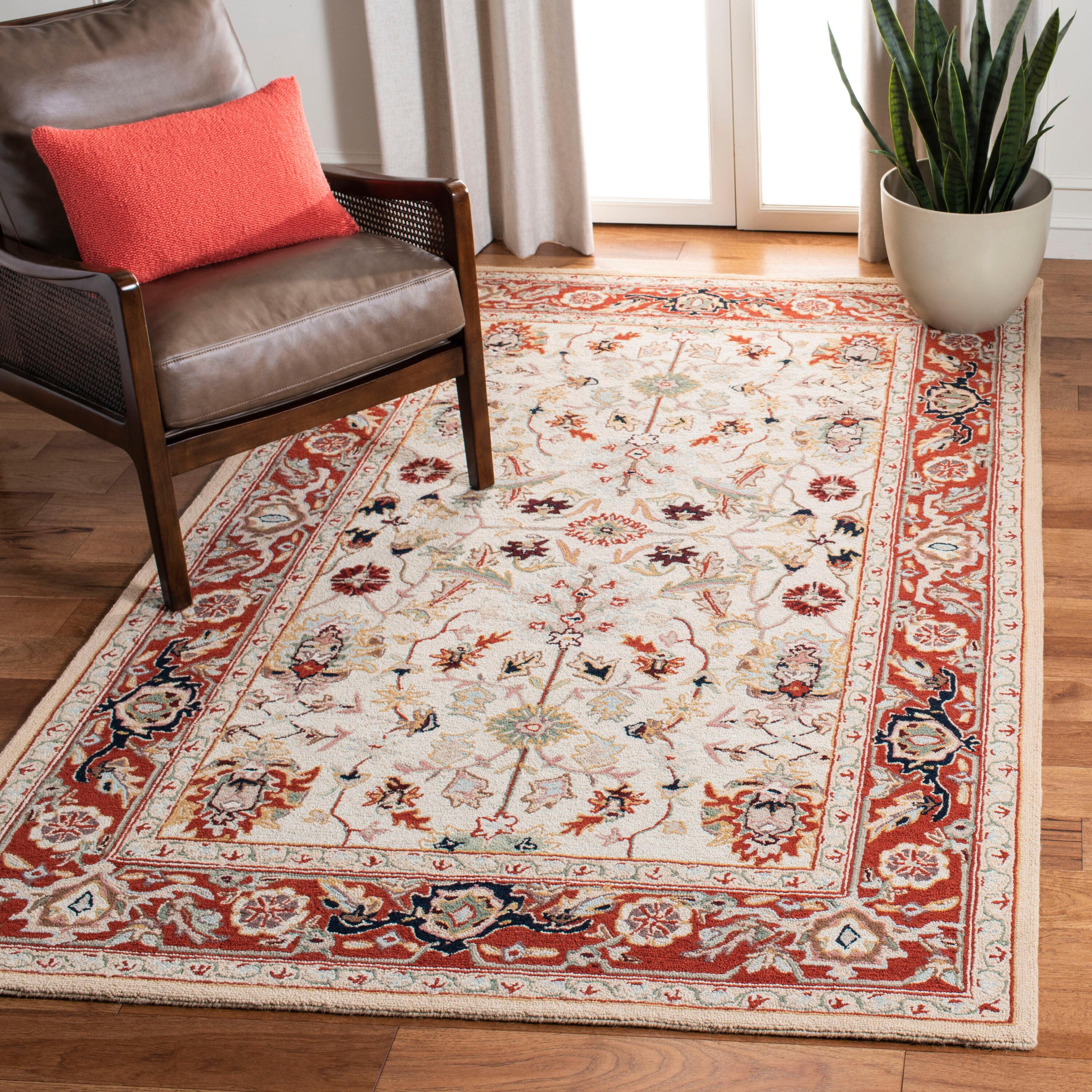 Ivory and Red Hand-Hooked Wool Area Rug, 5'3" x 8'3"